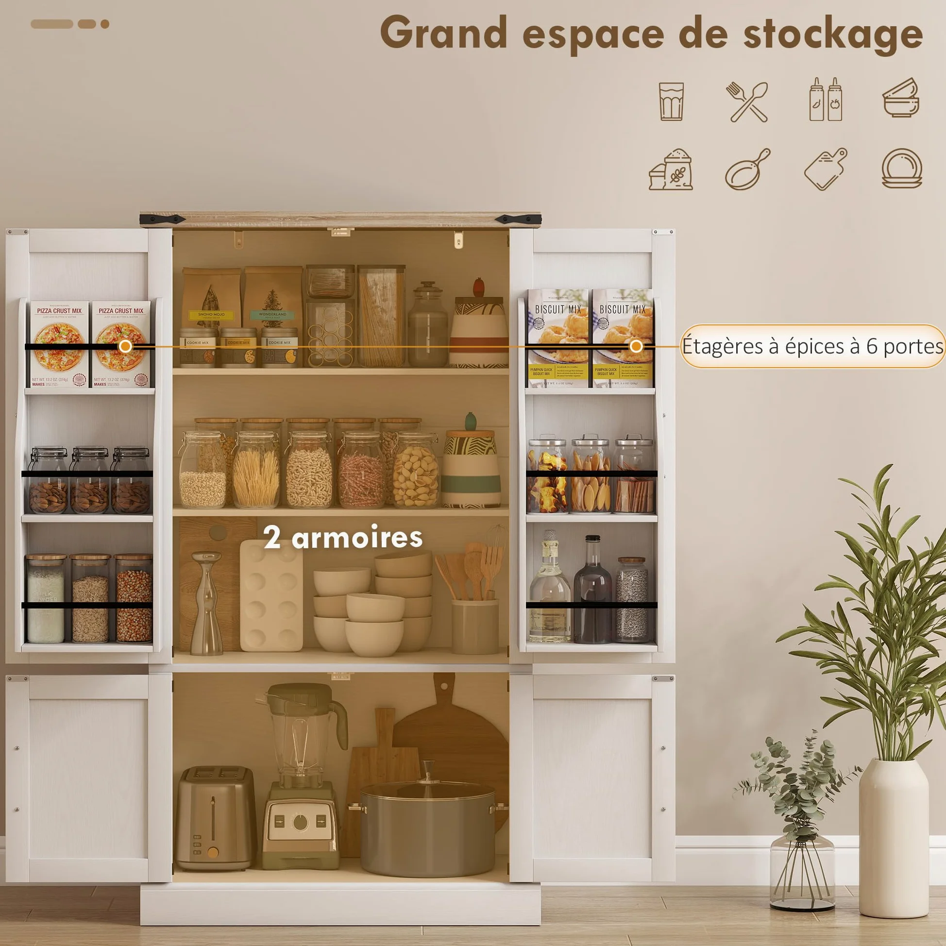 HOMCOM Credenza da cucina, mobile da cucina, mobile per porcellane, 4 ante, 6 portaspezie e ripiani regolabili, stile rustico, mobile contenitore per soggiorno, sala da pranzo, 76,3 x 40 x 136 cm,