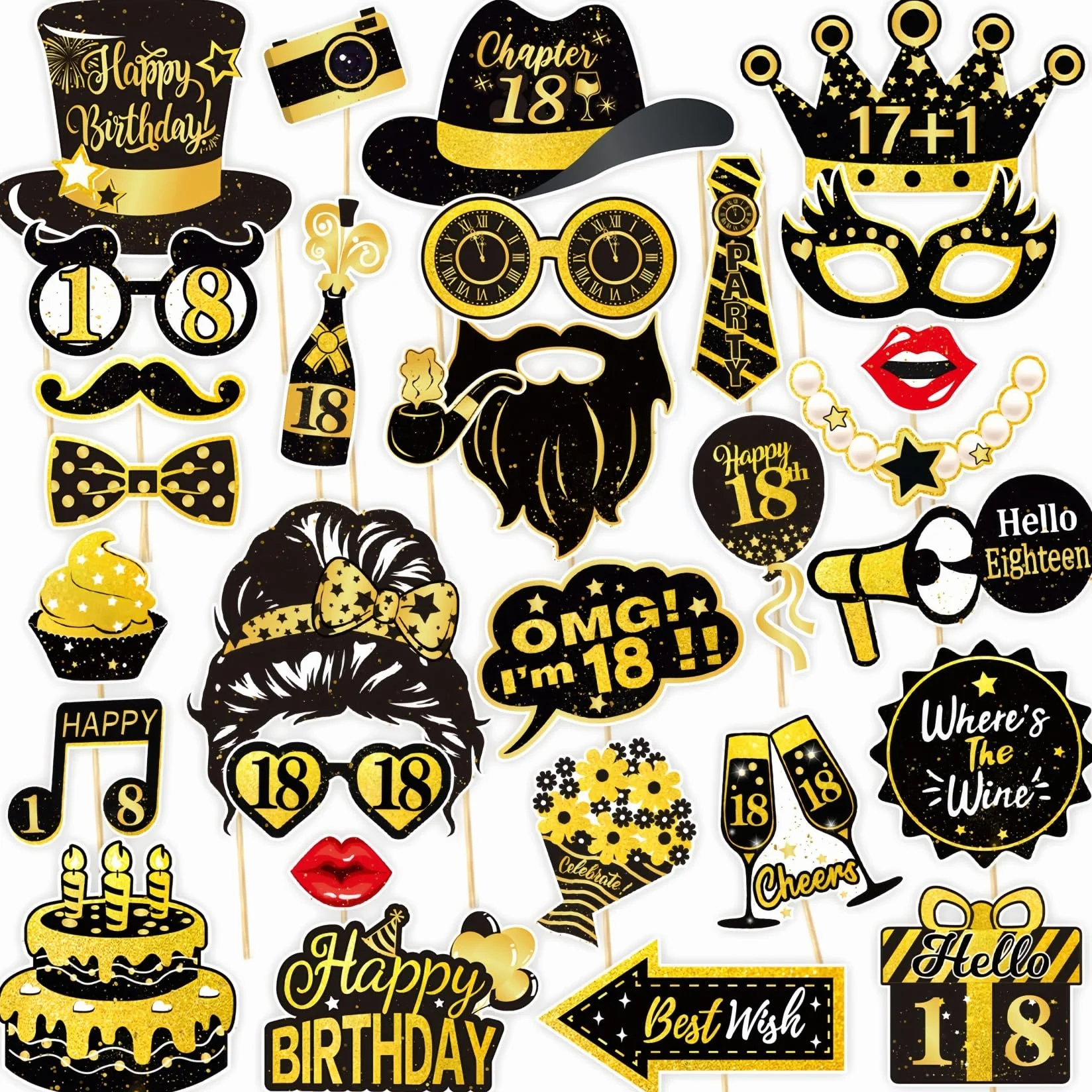Photo Booth Compleanno 18 anni, 30 Pezzi Foto Props per Feste e Compleanni con Nero Oro, Spiritosi Fai da Te Gadget 18 anni Ragazza Ragazzo per Invitati (18th)