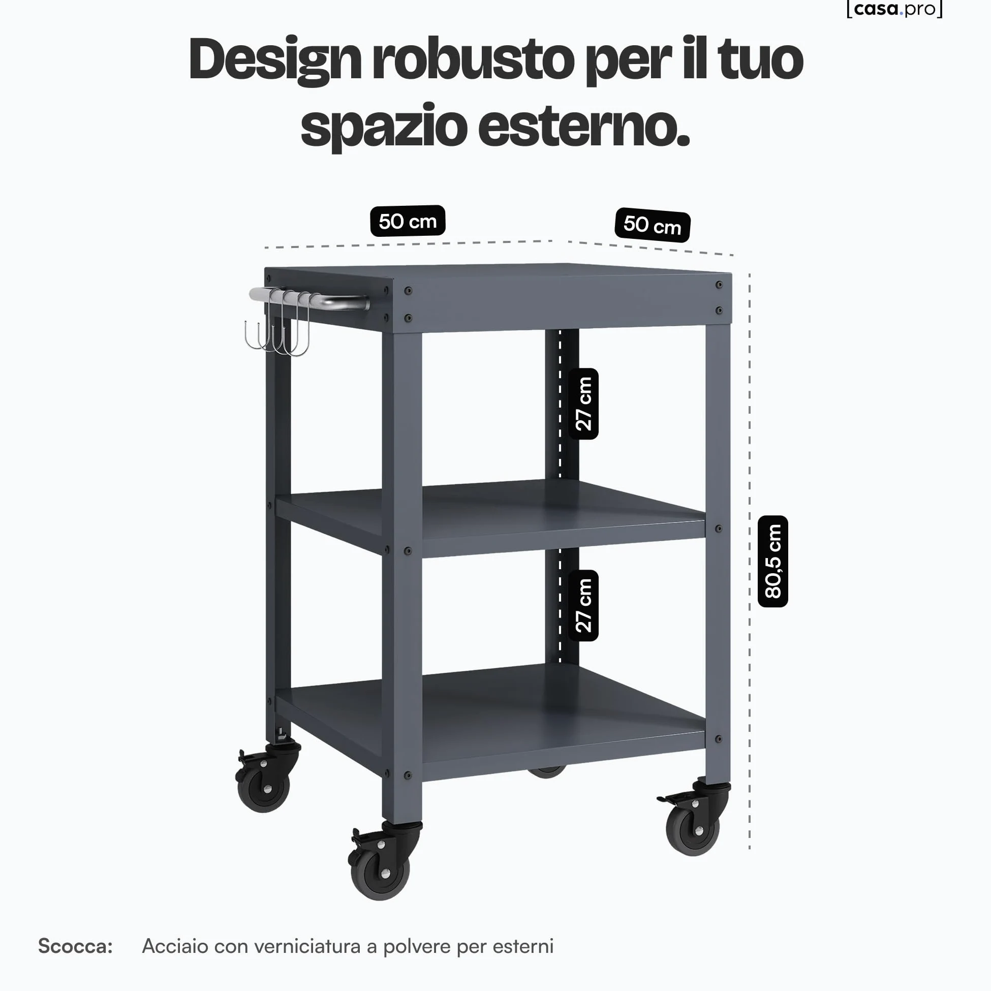 casa.pro Carrello Portavivande da Giardino in Acciaio con 3 Ripiani e Ruote Carrello Portatutto Da Cucina Servizio Portata a Rotelle 81x50x50 cm - Grigio Scuro opaco
