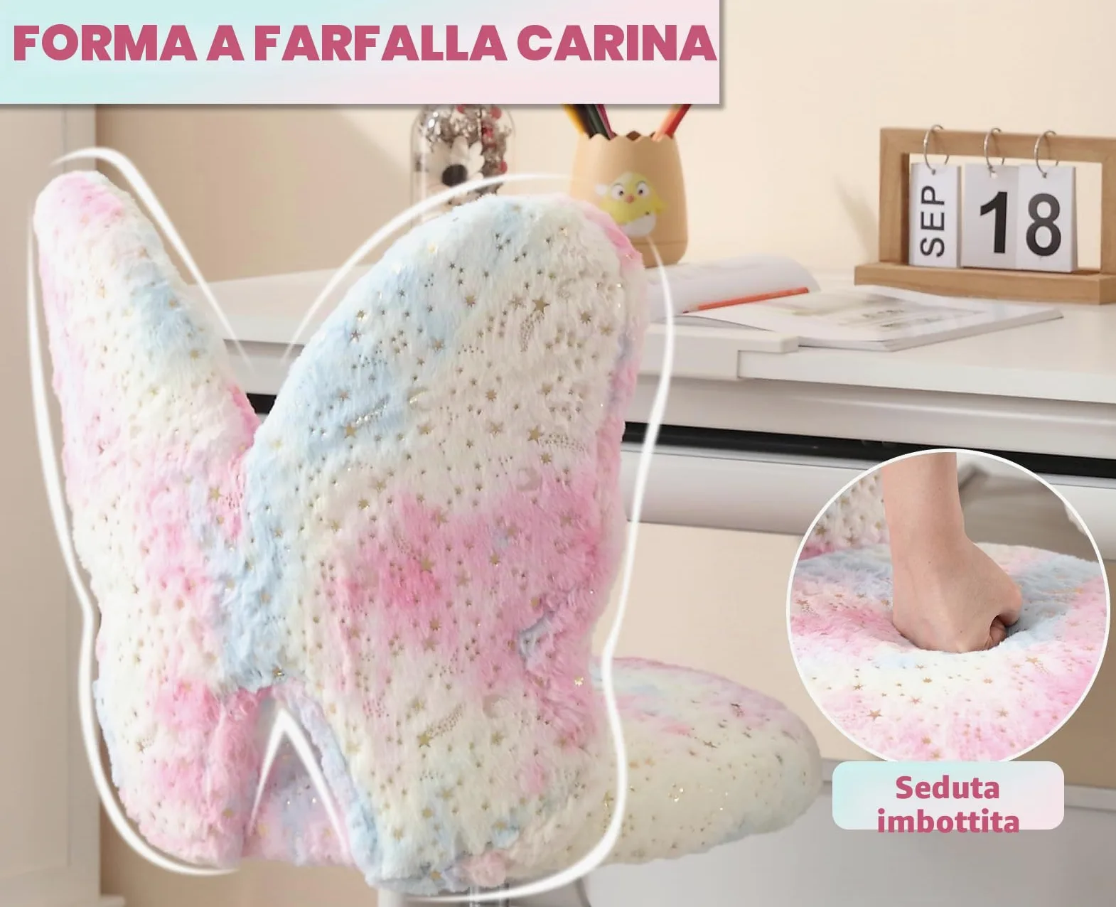 chairus Sedia Scrivania Bambina a Forma di Farfalla, Rosa | Sedia da ufficio per Bambini in Pelliccia Sintetica con Seduta Girevole Poltrona Altezza Regolabile per Studenti