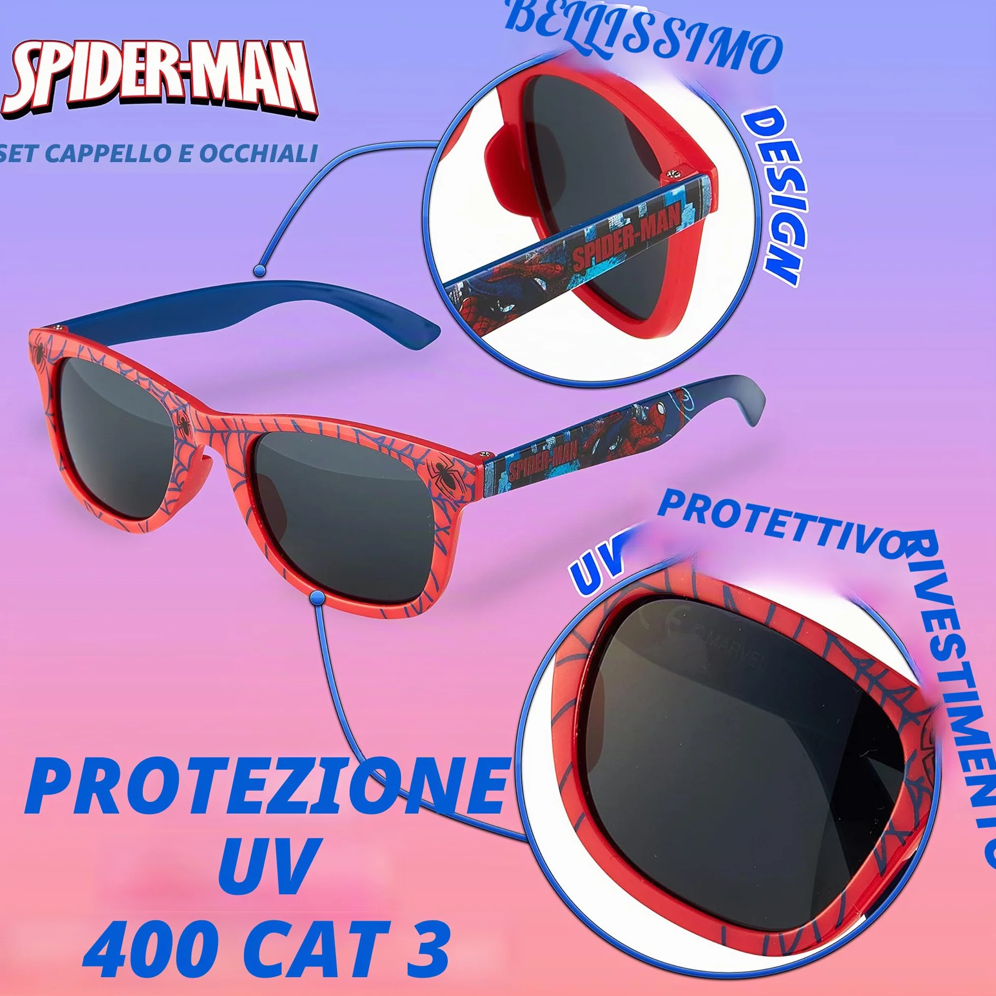 Marvel Spiderman Cappello Baseball Regolabile con Visiera e Occhiali da Sole Bambino Protezione UV400