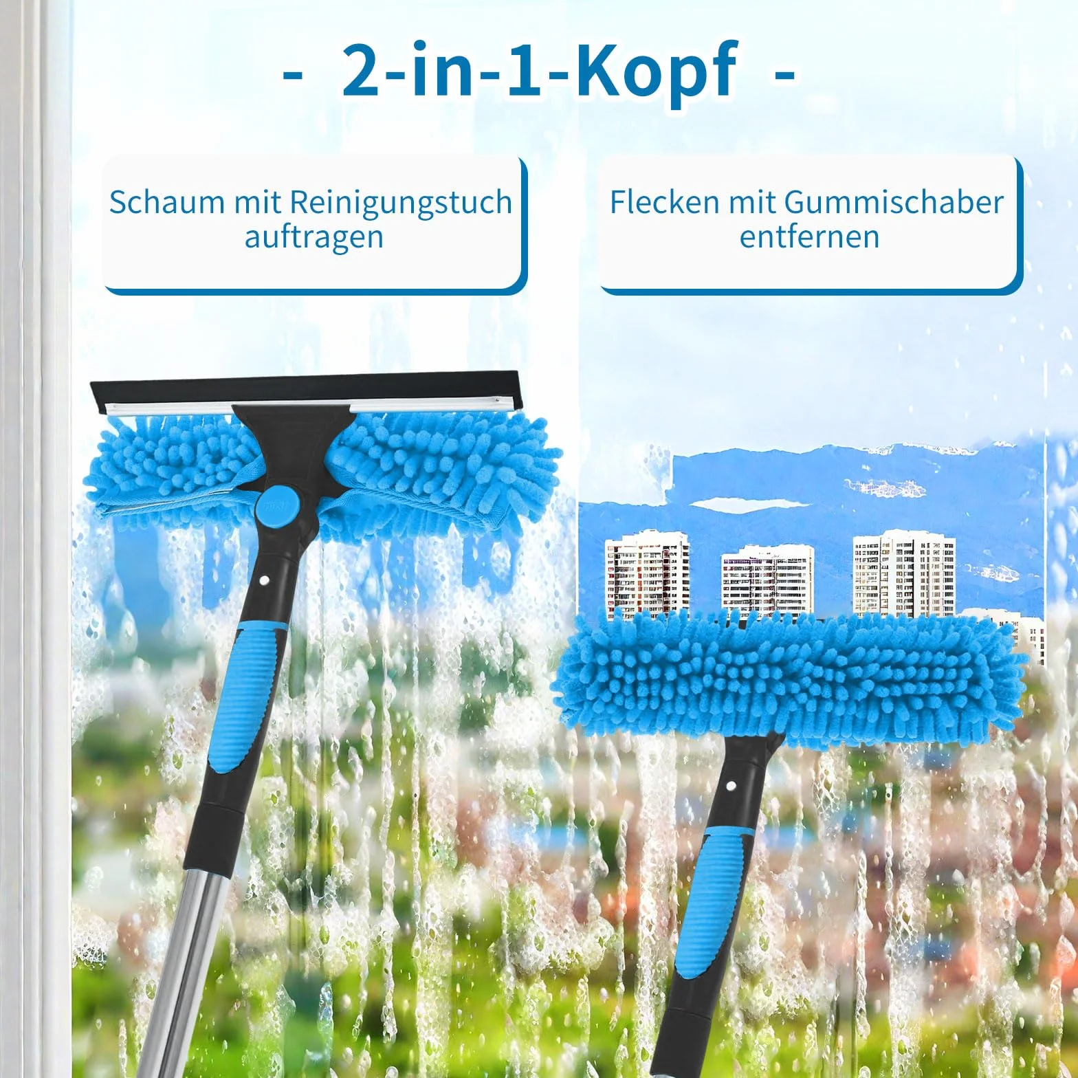 MLOQI Set sgocciolatore finestre telescopico 180 cm pulitore 2 in 1 vetri auto Blu
