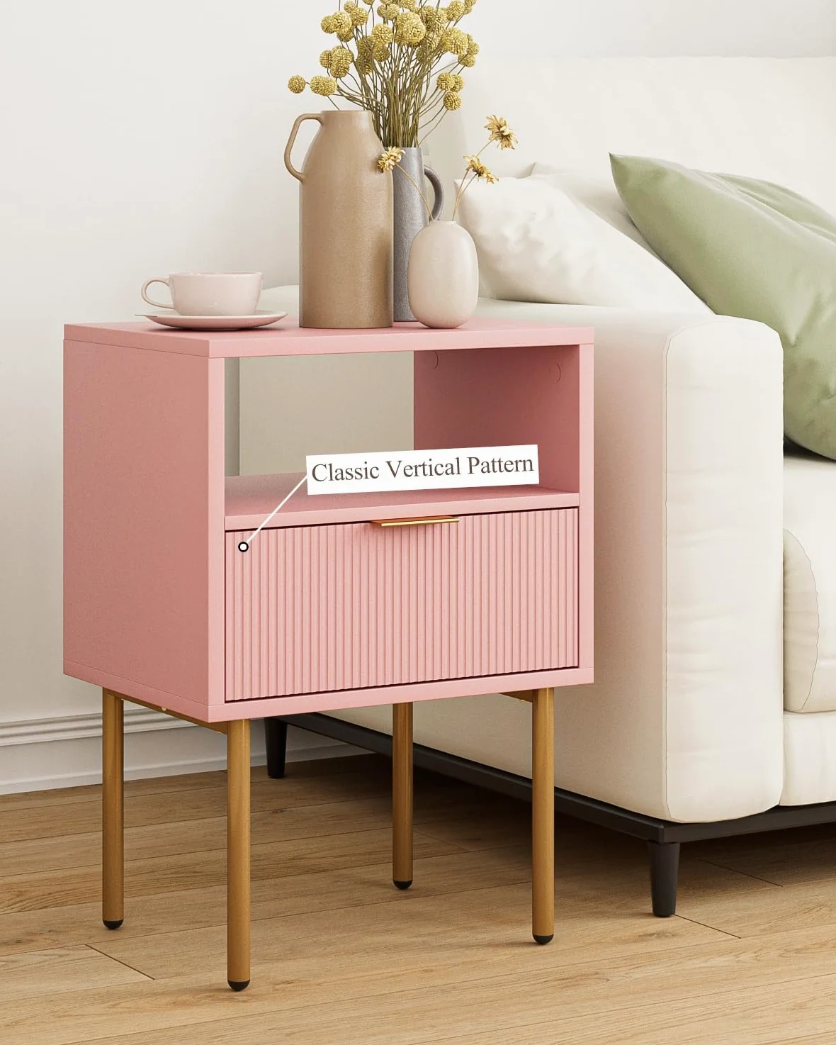 HEYZOEY Comodino, comodino con 1 ripiani aperti e 1 cassetto, comodino moderno, per camera da letto, soggiorno, rosa