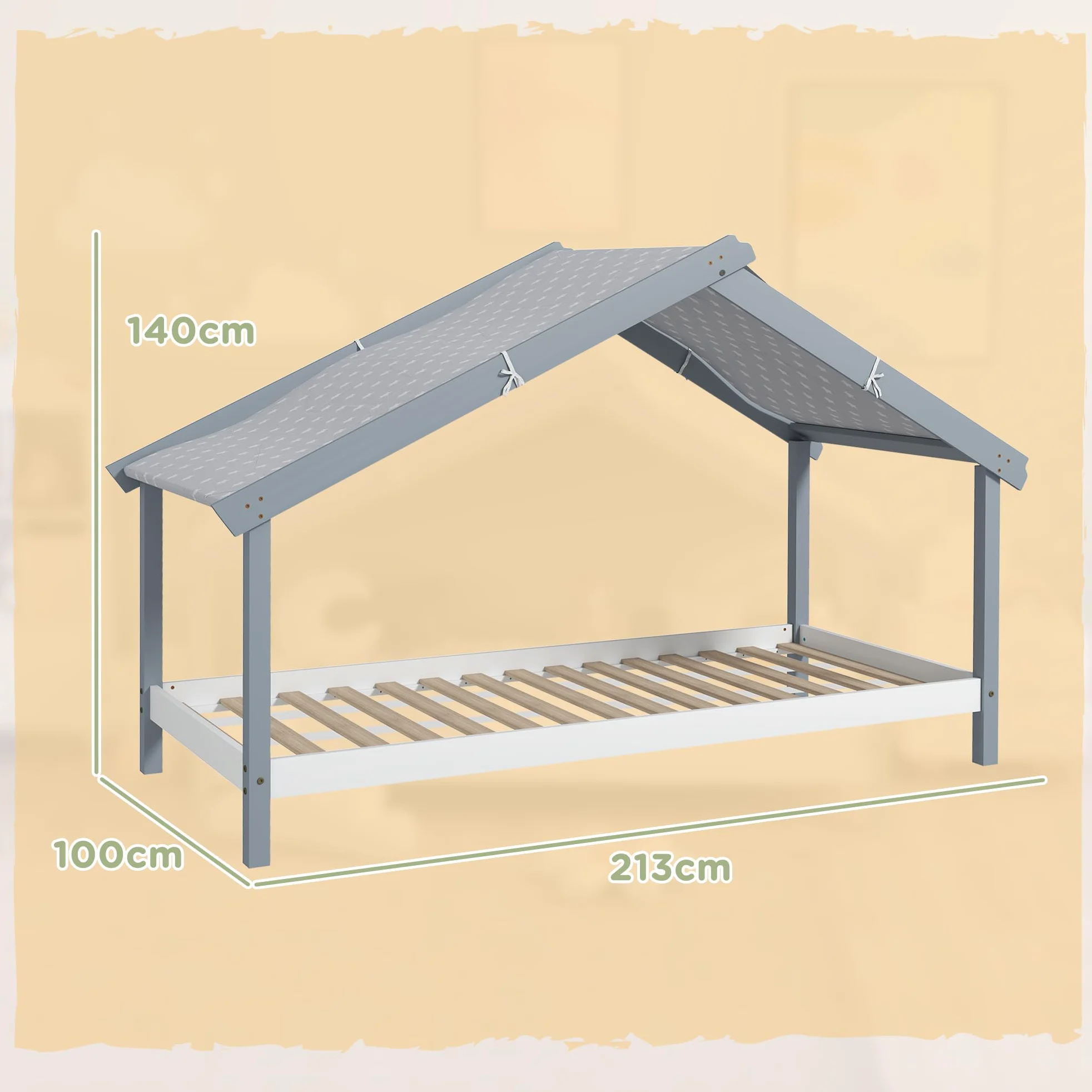 HOMCOM Letto Montessori per bambini a Casetta con Tetto Stellato, Letto per Bambini 90x190 cm per Cameretta con Struttura in Legno di Pino, 15 Doghe e Barriere di Protezione, Grigio