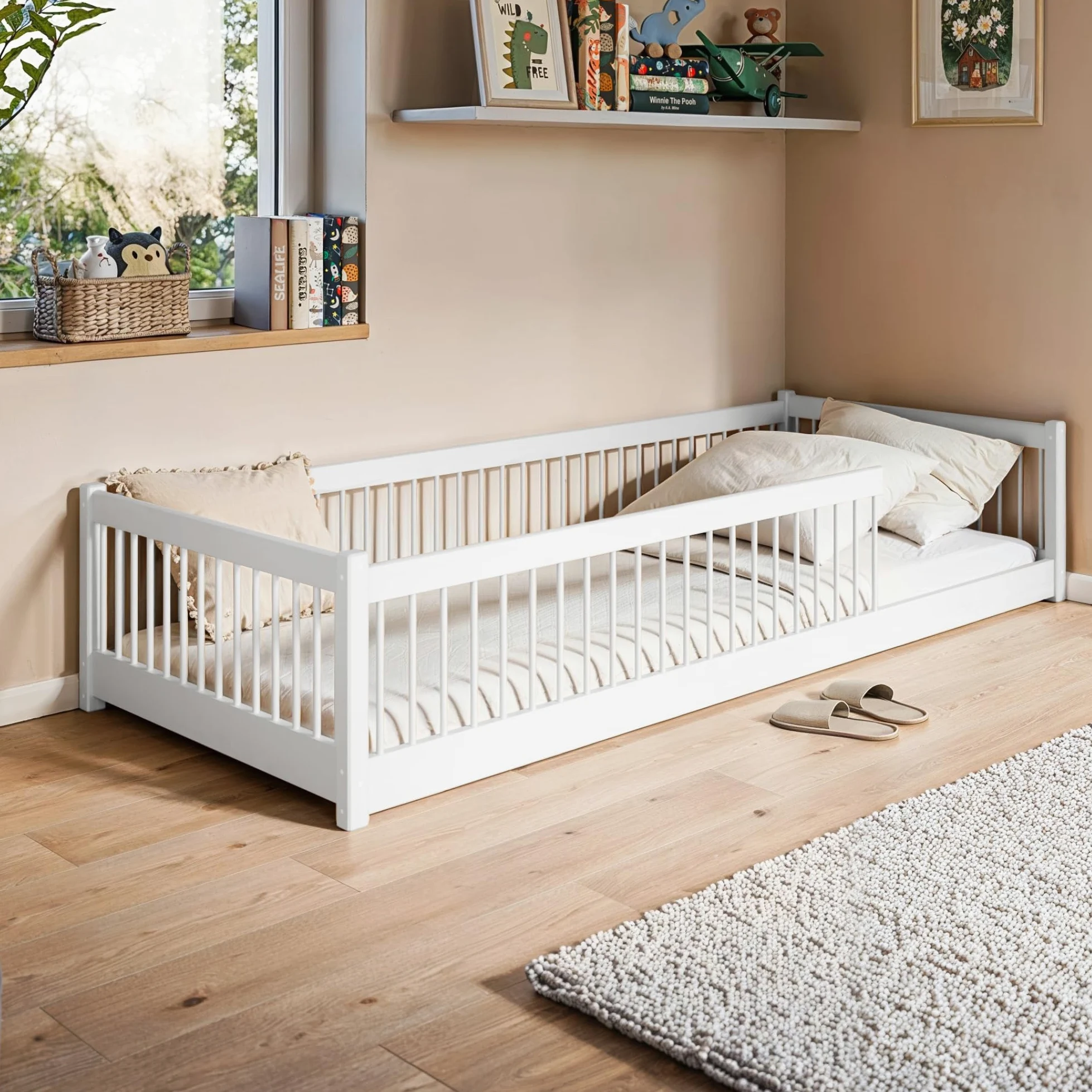 Letto a terra per bambini 90x190 cm con protezione anticaduta e rete a doghe Letto Montessori Letto a sponde Letto per bambini e ragazzi Letto singolo | Cioccolato fondente | dai 3 ai 12 anni