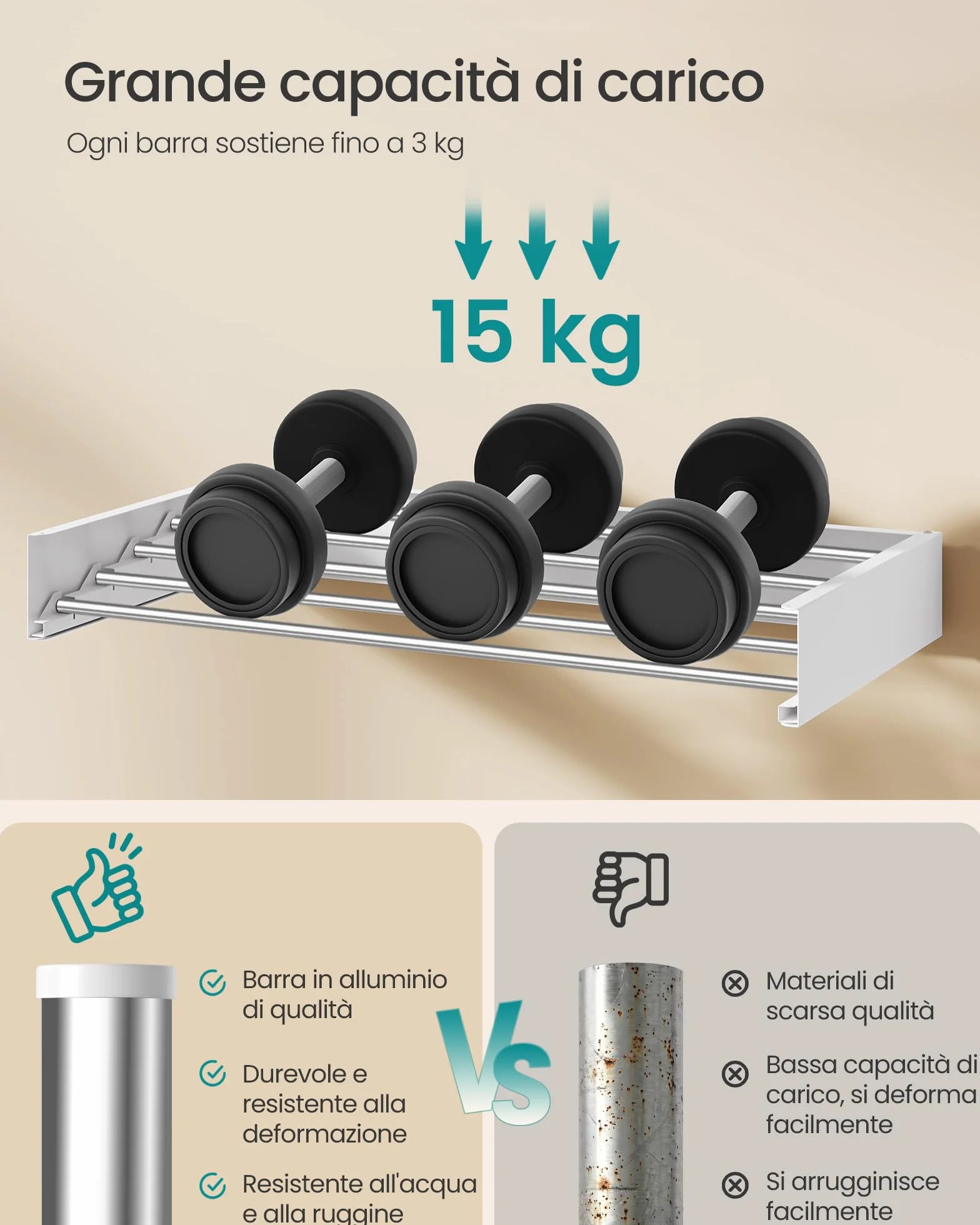 SONGMICS Stendibiancheria da Parete Pieghevole 5 Barre Alluminio 80 cm Bianco Opaco