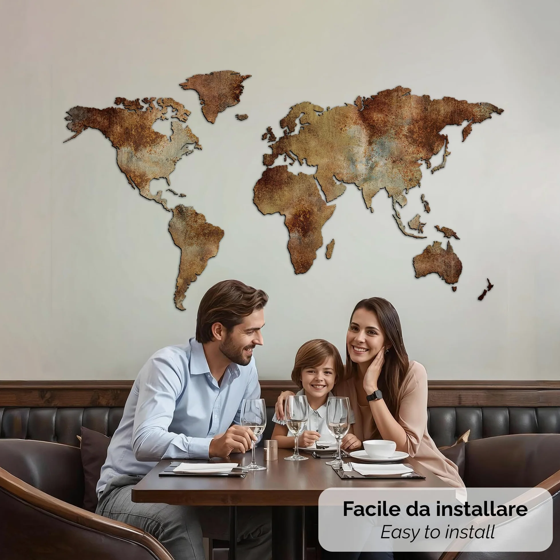 Giallobus - MAPPA DEL MONDO - DECORAZIONE DA PARETE IN LEGNO MDF (MDF metal effetto ruggine, 130L x 72l cm)