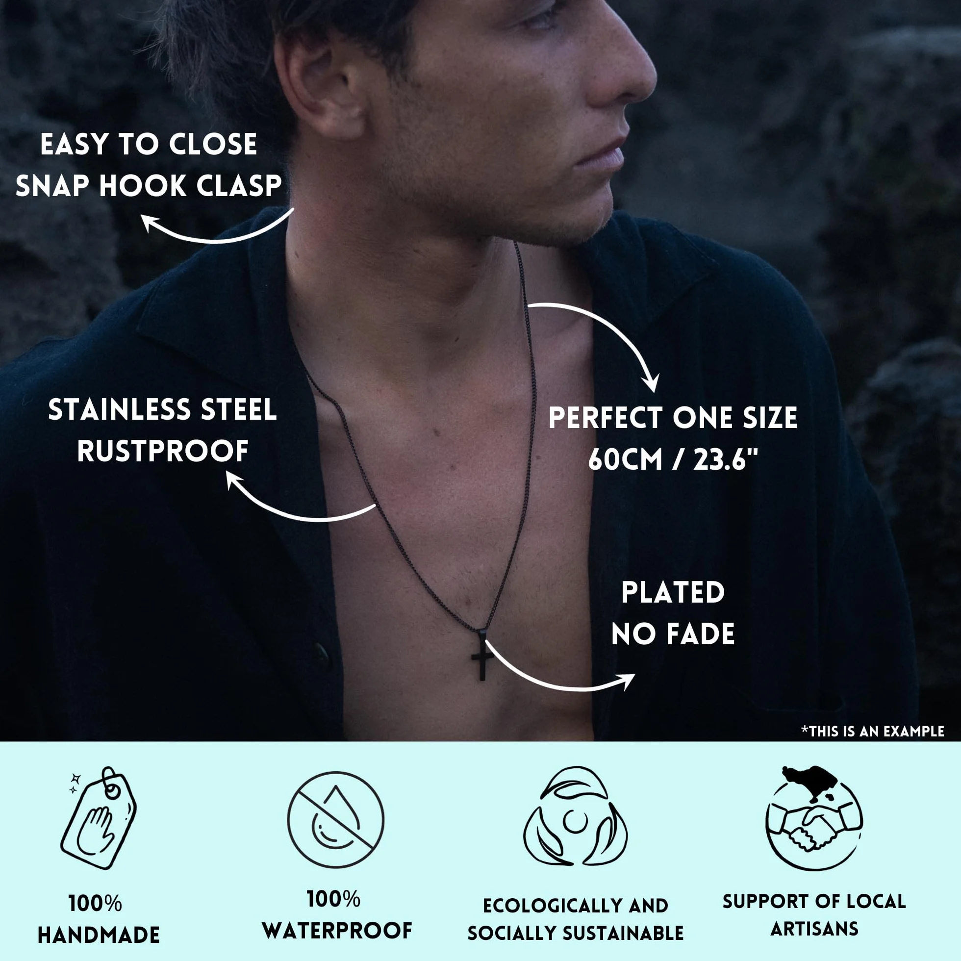 Collana Da Uomo 60 cm In Acciaio Inox con Pendenti Croce Nera Made By Nami