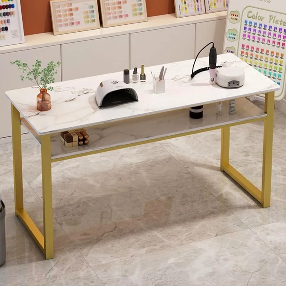 Scrivania portatile per unghie, finitura marmorizzata, con struttura dorata, spazioso tavolo per manicure per salone di bellezza, spa, casa, ufficio, postazione di lavoro per tecnici delle unghie, 120