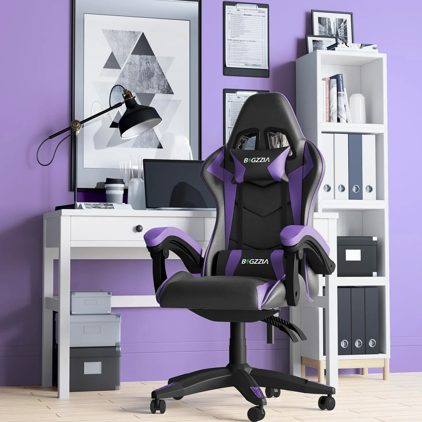 bigzzia Sedia da Gaming, Ergonomica, Per Gamer, con Cuscino Lombare e Poggiatesta, Regolabile in Altezza, Sedia Per Computer, Per Ufficio (Viola)