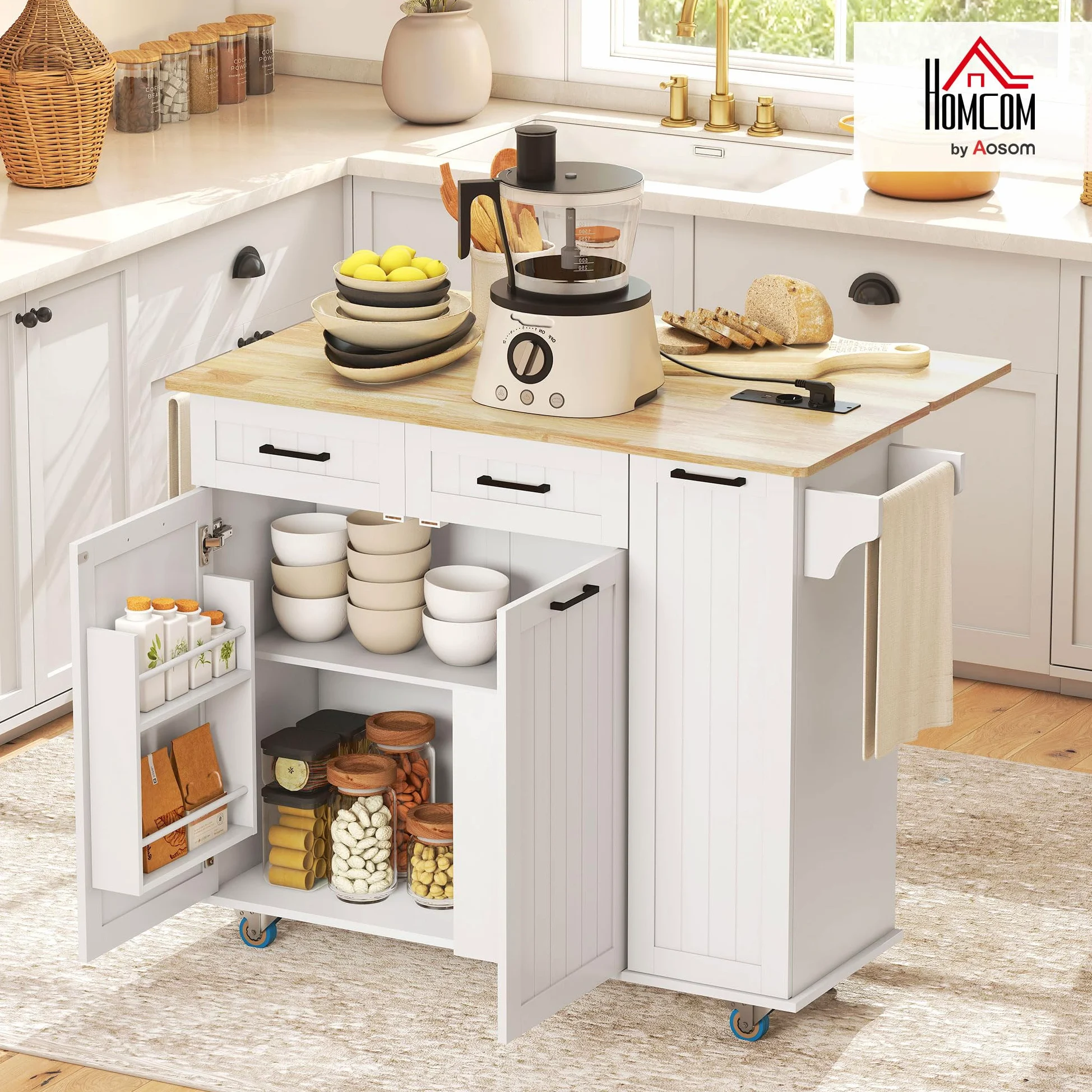 HOMCOM Isola Cucina con Ruote, Carrello Cucina con Stazione di Ricarica, Piano a Ribalta in Legno, Ripiani Regolabili, 2 Cassetti, Armadietto Estraibile, Portaspezie a Porta, Portasciugamani, Bianco