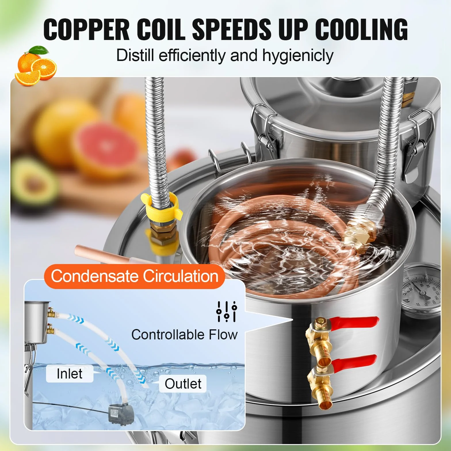 VEVOR Distillatore di Bevande Alcoliche Fusto Capienza ca. 50L Kit di Distillatore di Alcol per Raffreddamento, Set di Distillatore a Doppio Condensatore con Distillazione Secondaria Liquore Alcolico