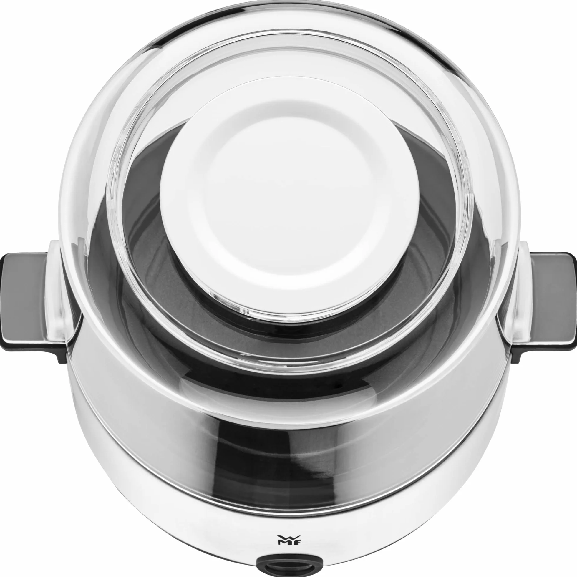 WMF KITCHENminis - Macchina per popcorn, piastra riscaldante rivestita, coperchio per servire, apertura per sciogliere il burro, preparazione con zucchero e sale, salvaspazio, in acciaio inox opaco