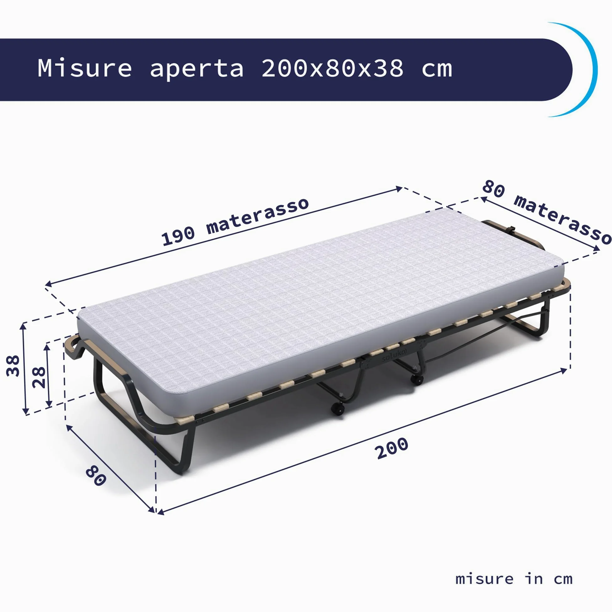 Soluko | Letto Brandina Pieghevole a Doghe Con Materasso Memory Foam e Copertura Salvapolvere Inclusa, Struttura Resistente e 4 Ruote Girevoli, 100% Made In Italy 80x200