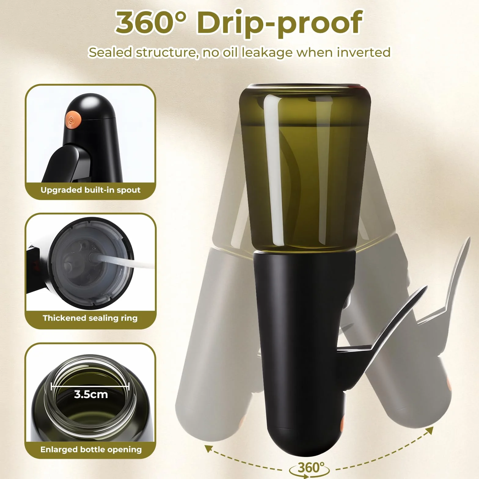 Euqvunn Spruzzino Olio per Friggitrice ad Aria 200ml Vetro Anti-Luce Design Anti-Fuga 360° Oliera Spray Cucina con Pennello Nero