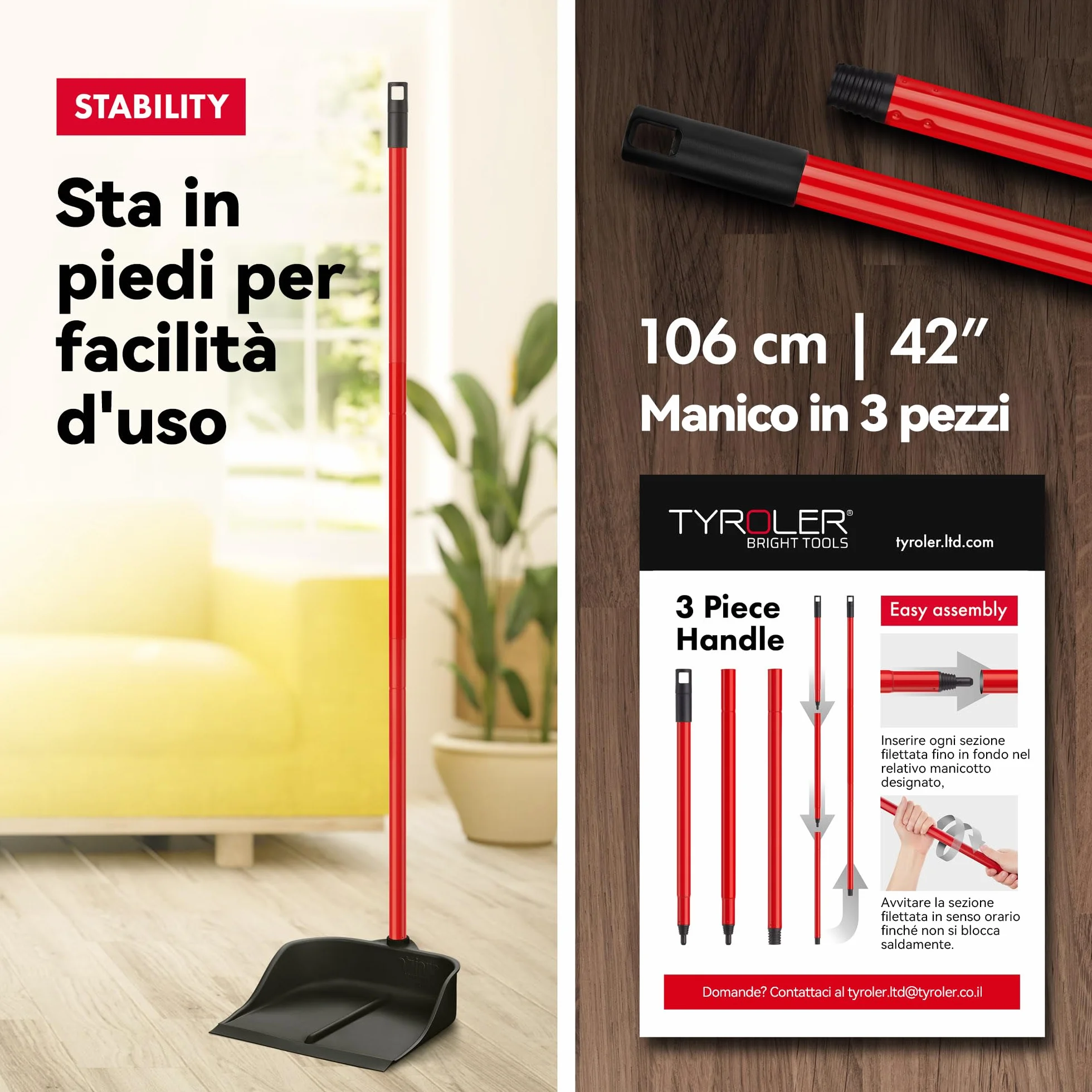 Tyroler Paletta Magica | 100% Gomma Naturale | Manico Antiruggine in Alluminio 105cm | Design da Appoggio | Compatibilità Universale con Scope