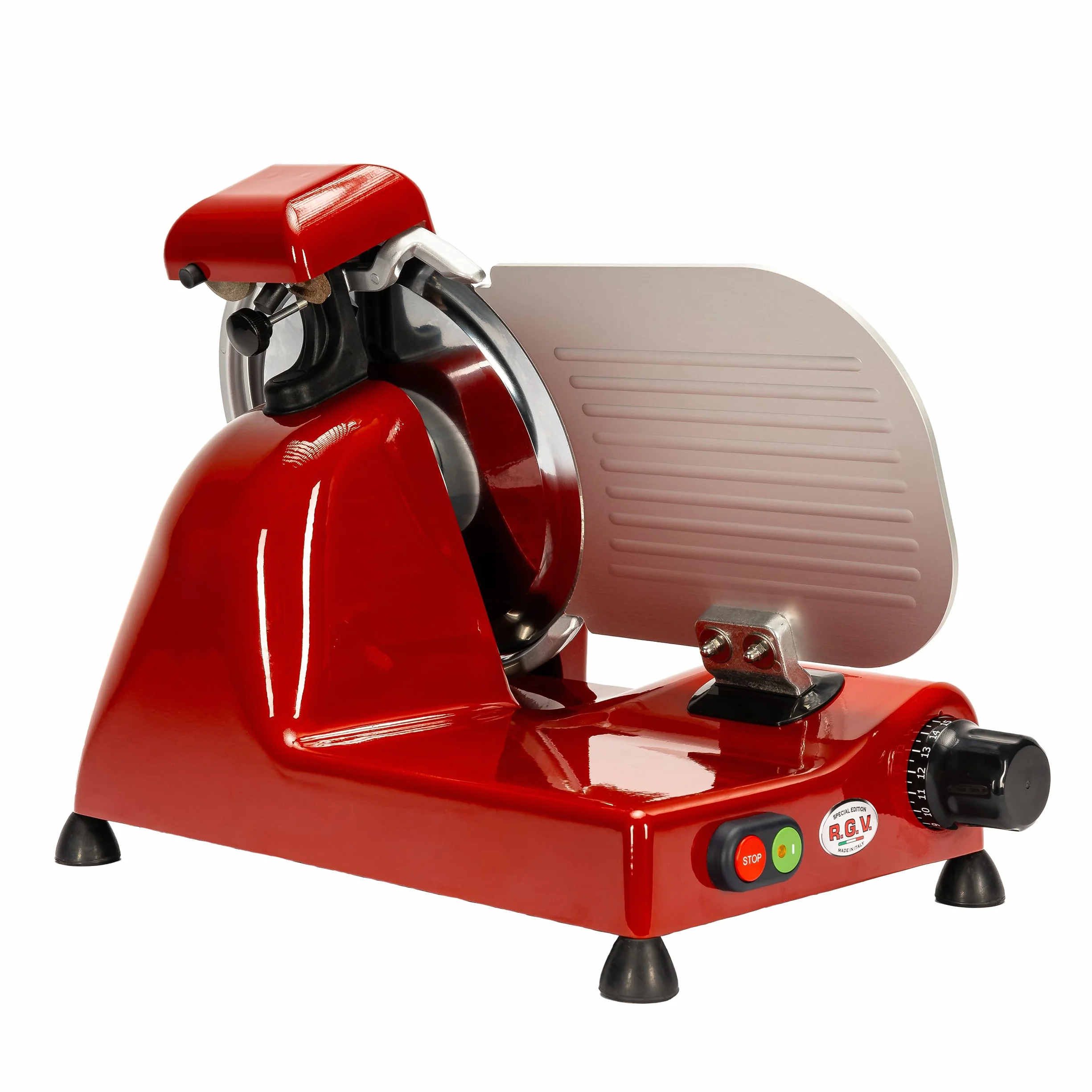 RGV Affettatrice Special Edition 25 Red – Made in Italy, Lama Ø 250 mm, 140W, Alluminio Rosso – Taglio Preciso e Professionale per Casa e Cucina