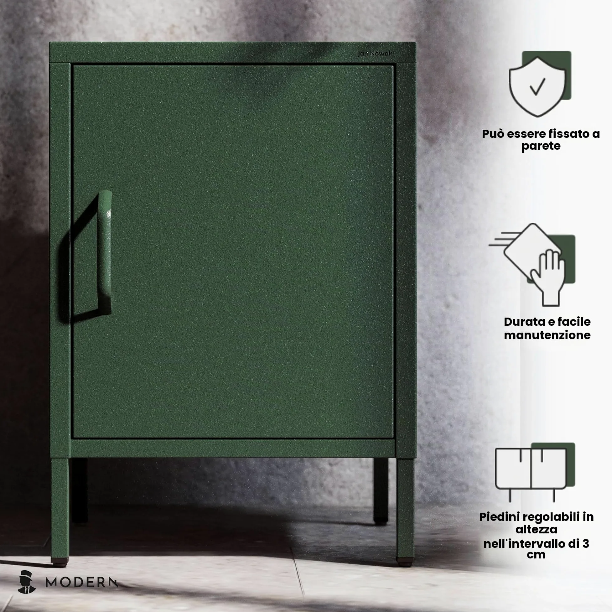 Jan Nowak Comodino Camera da Letto in Metallo - MIA | Comodino Piccolo Scintillante con 1 Ripiano Regolabile | Armadietto Moderno, Stile Industriale | 42,4 x 59,5 x 40 cm | Verde Scuro