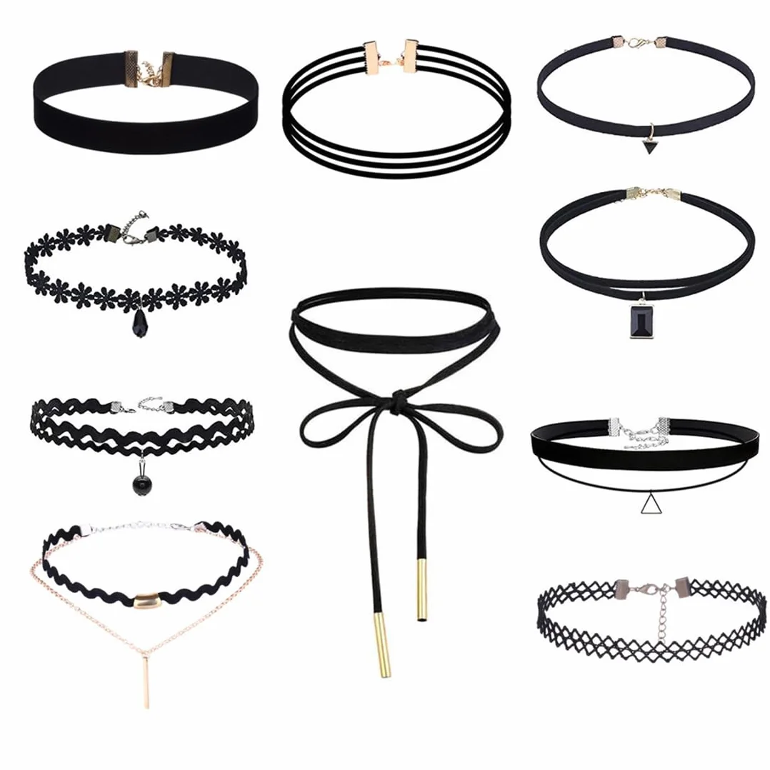 Set di Collane a Girocollo in Velluto Nere Stile Punk 10 Pezzi
