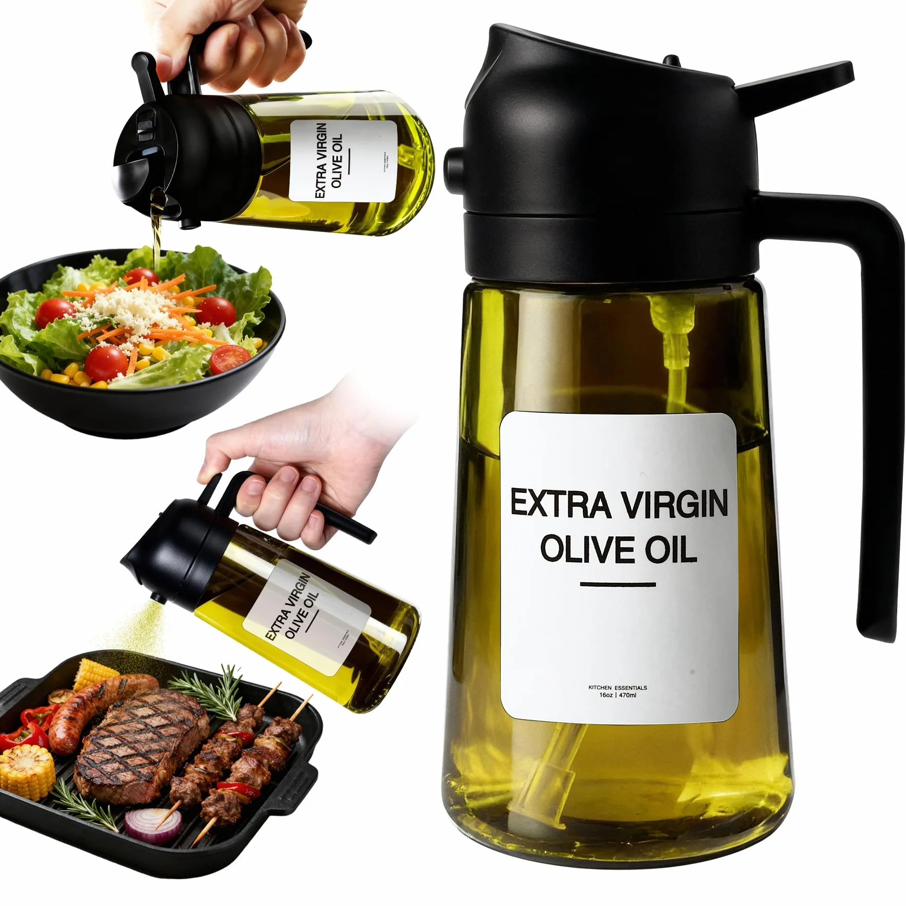 Novent Spruzzino Olio 470 ml 2w1 Spray e Versamento, Oliera Spray Vetro Verde