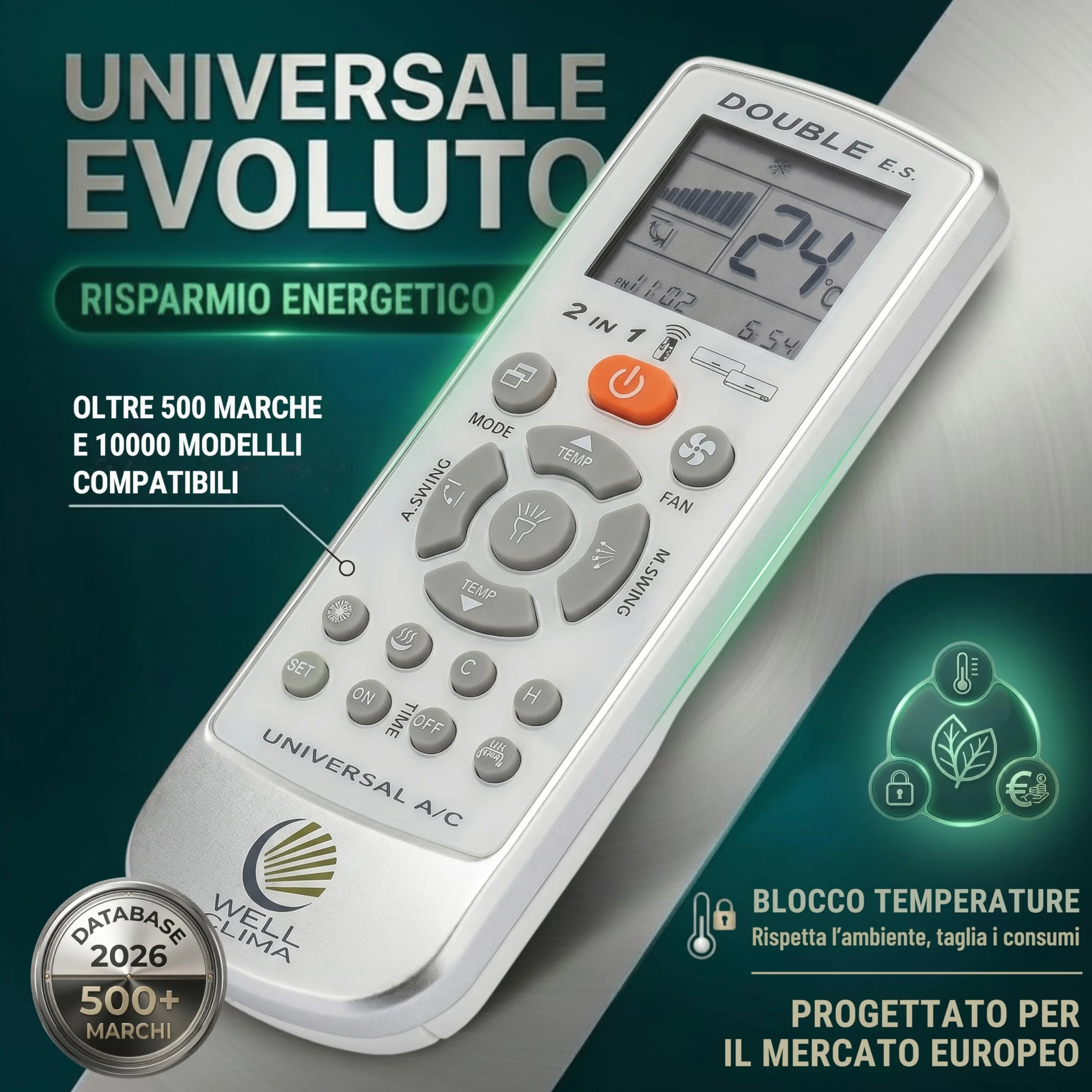 Wellclima Double E.S Telecomando Universale per Condizionatori Climatizzatori, Progettazione Italiana, Compatibile con 10000+ Modelli e 500+ Marche, Risparmio Energetico Anti Spreco, 2 in 1 Due Split