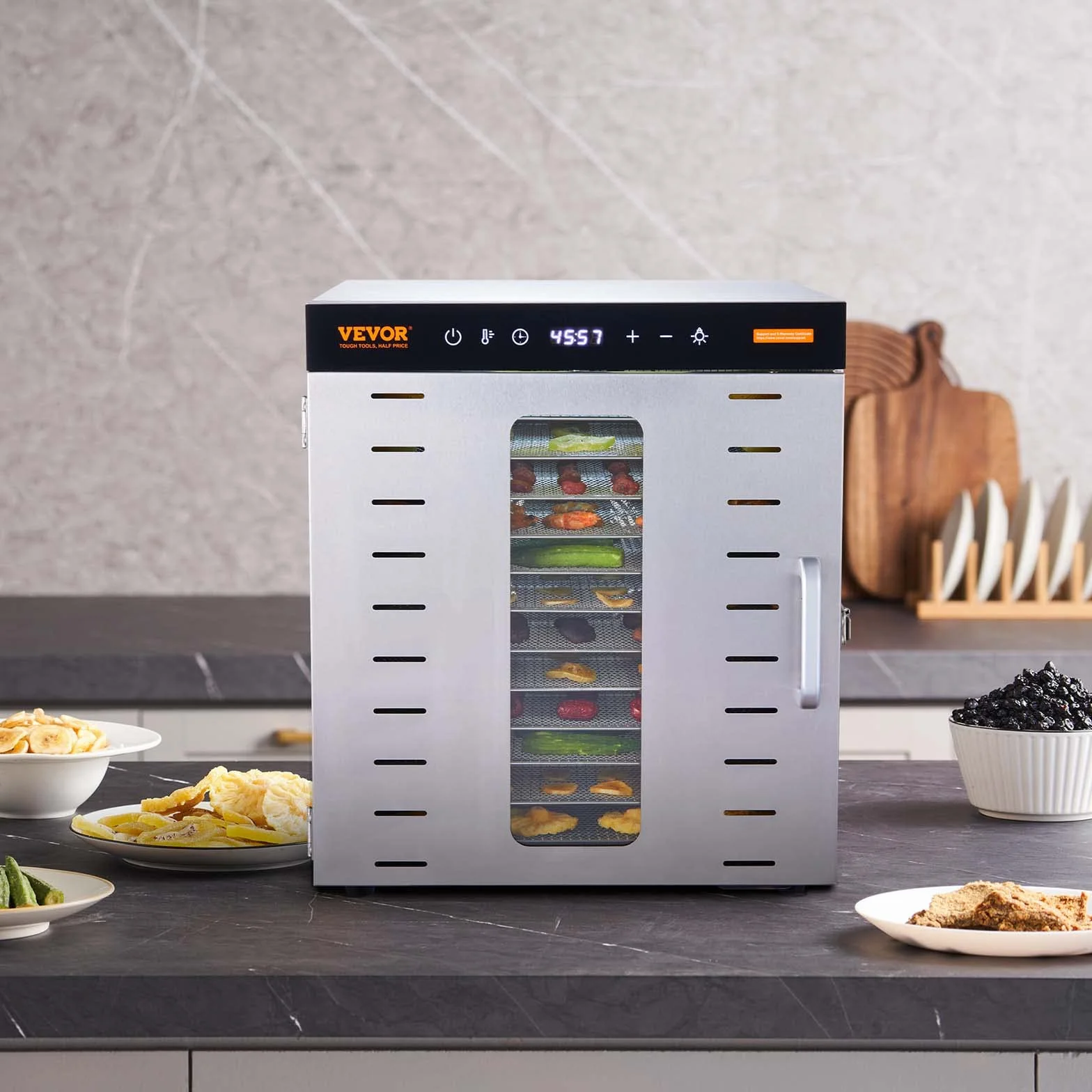 VEVOR Essiccatore Elettrico 1000W per Alimenti in Acciaio Inox 10 Vassoi Estraibili Tempo Temperatura Regolabile 30-90 ℃ Aria Circolata 360°, Macchina Essiccatrice Alimentare Domestica 46x42x46,5 cm