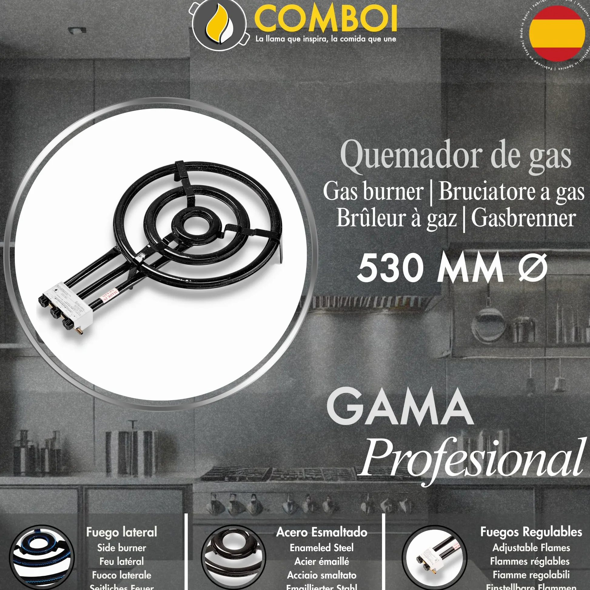 COMBOI Kit Paellero Pro-E 53 cm, Bruciatore a gas butano-propano, Paellera smaltata 70 e 42 cm, Regolatore, Tube, Gambe rinforzate, Livello, Grembiule, Libro ricette digitali
