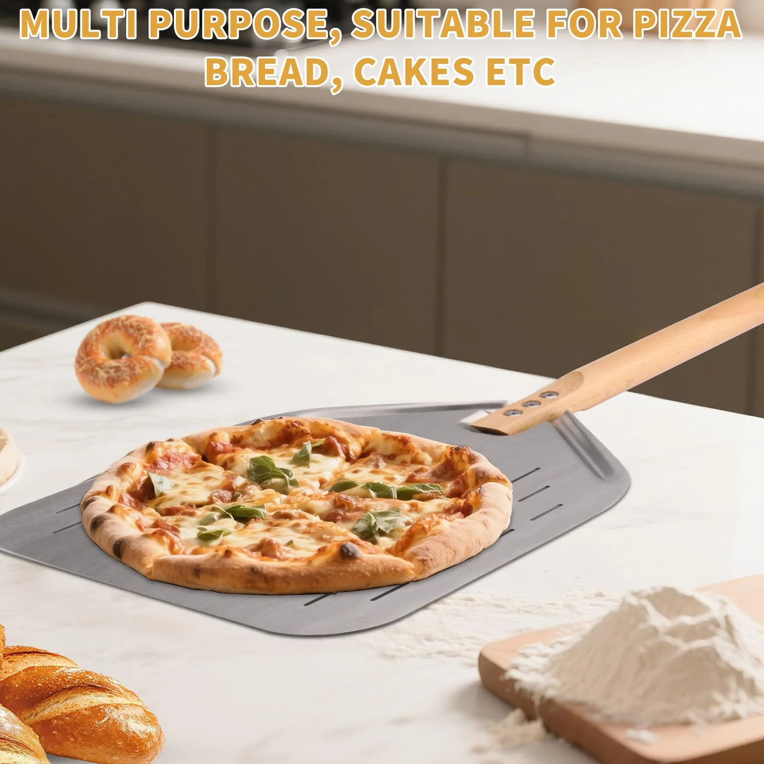 Pala per Pizza Alluminio 39 x 30.5cm Acciaio Inox Manico in Legno 42.5cm