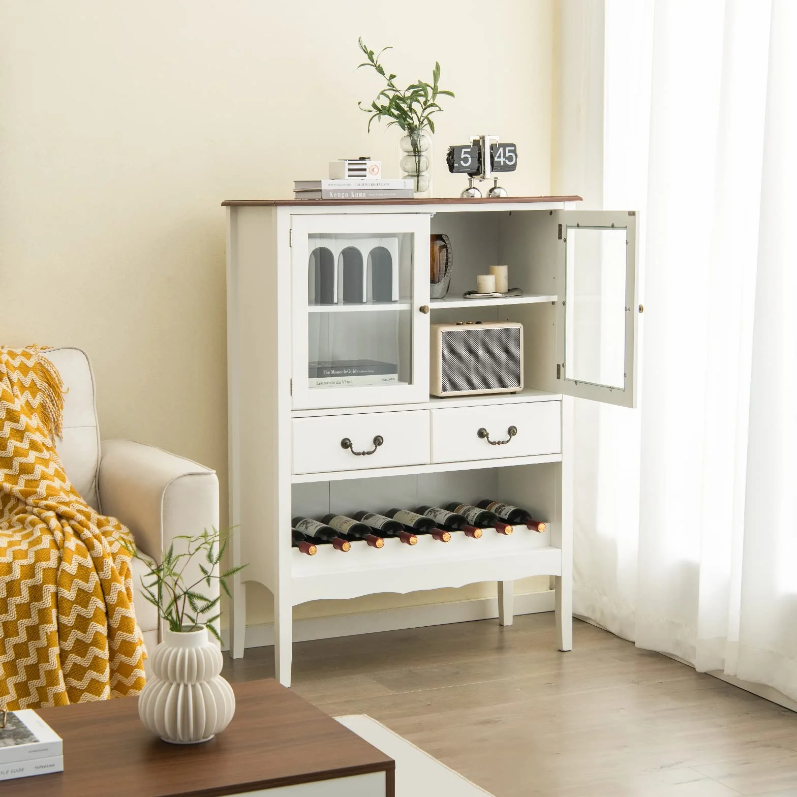 KOMFOTTEU Mobile per vino, credenza con ante, cassetti con maniglia e cantina per vino, cantina moderna, 90,5 x 38 x 126 cm, per cucina, sala da pranzo, bar, SE09334FQDE