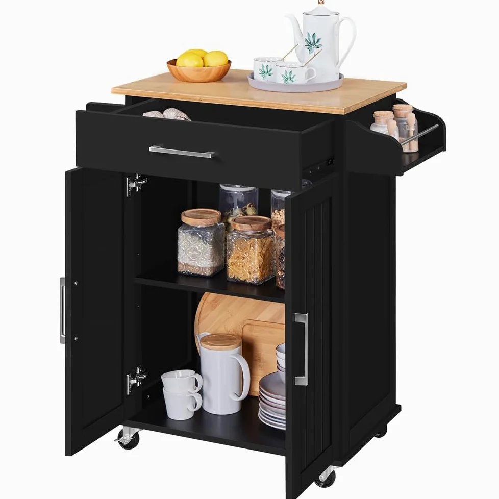 Yaheetech Carrello da Cucina con Ruote Cassetto a 2 Ante Piano di Lavoro Carrellino Salvaspazio con Portasciugamani e Portaspezie Moderno Porta Microonde 91,5 x 66 x 45,5 cm Nero