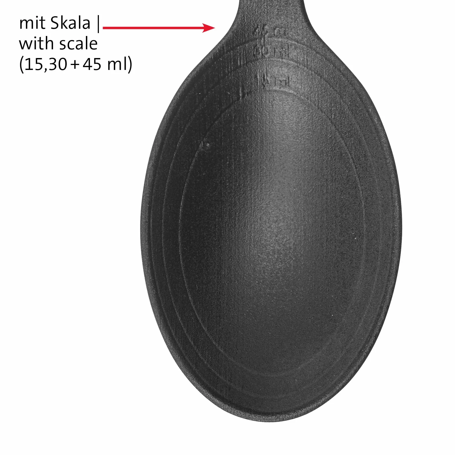 Westmark Gentle Plus 29612275 - Cucchiaio per verdure, resistente al calore fino a 270 °C / 518 °F, con testa extra profonda, scala interna: 15, 30 e 45 ml, in plastica, colore: Nero