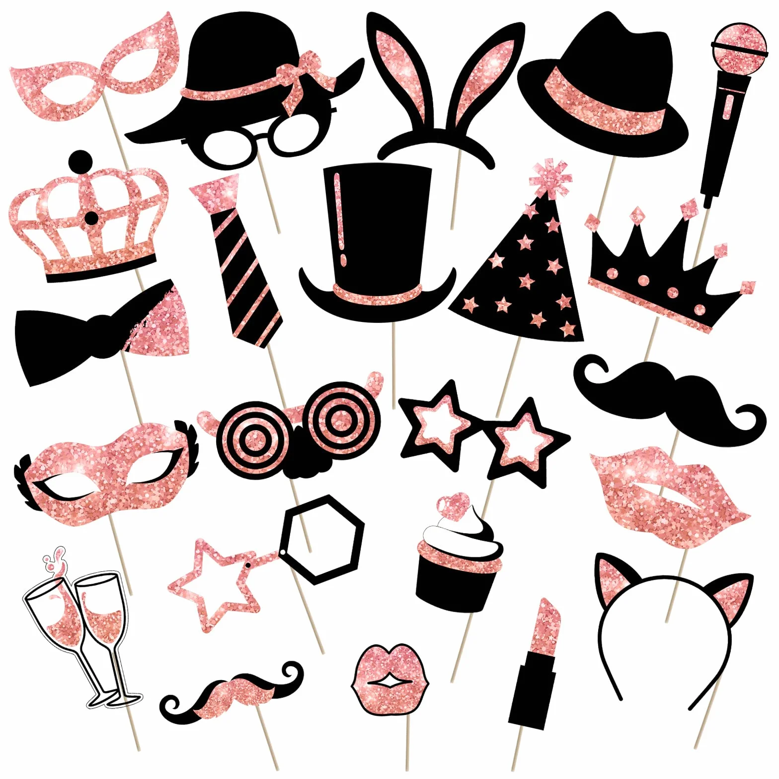 24 Pezzi Foto Props per Feste Foto Booth Compleanno Accessori Cappelli, Bicchiere di Vino, Rossetto, Cravatta, Corone e Altro per Festa di Varietà Compleanno Matrimoni (Rosa Oro)