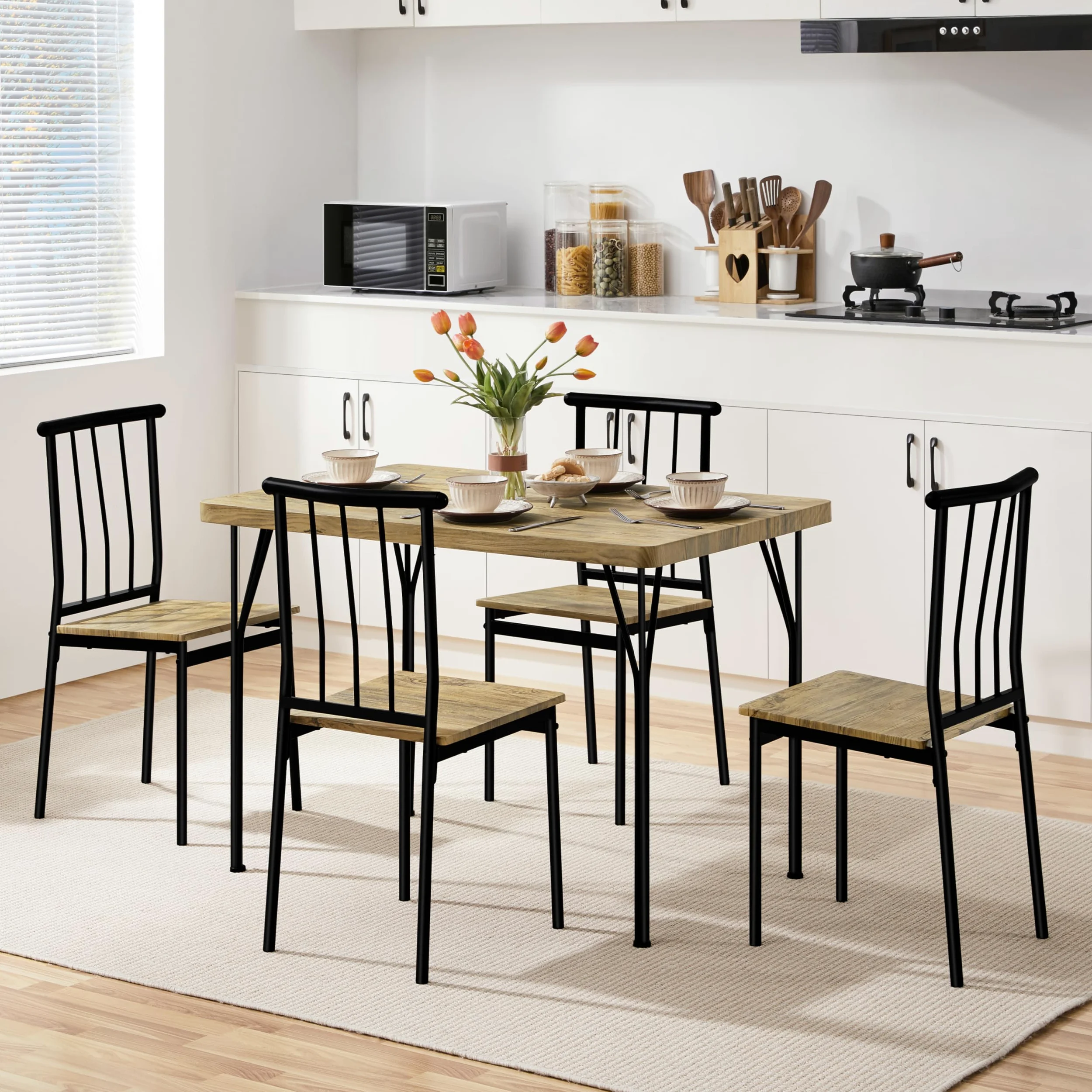 Yaheetech Tavolo da Pranzo con 4 Sedie Industriale Set 5 Pezzi Mobili da Bar Cucina Soggiorno Retro Salvaspazio in Legno e Metallo Marrone Tavolo 110x70x76.5cm Piano Spesso 4cm
