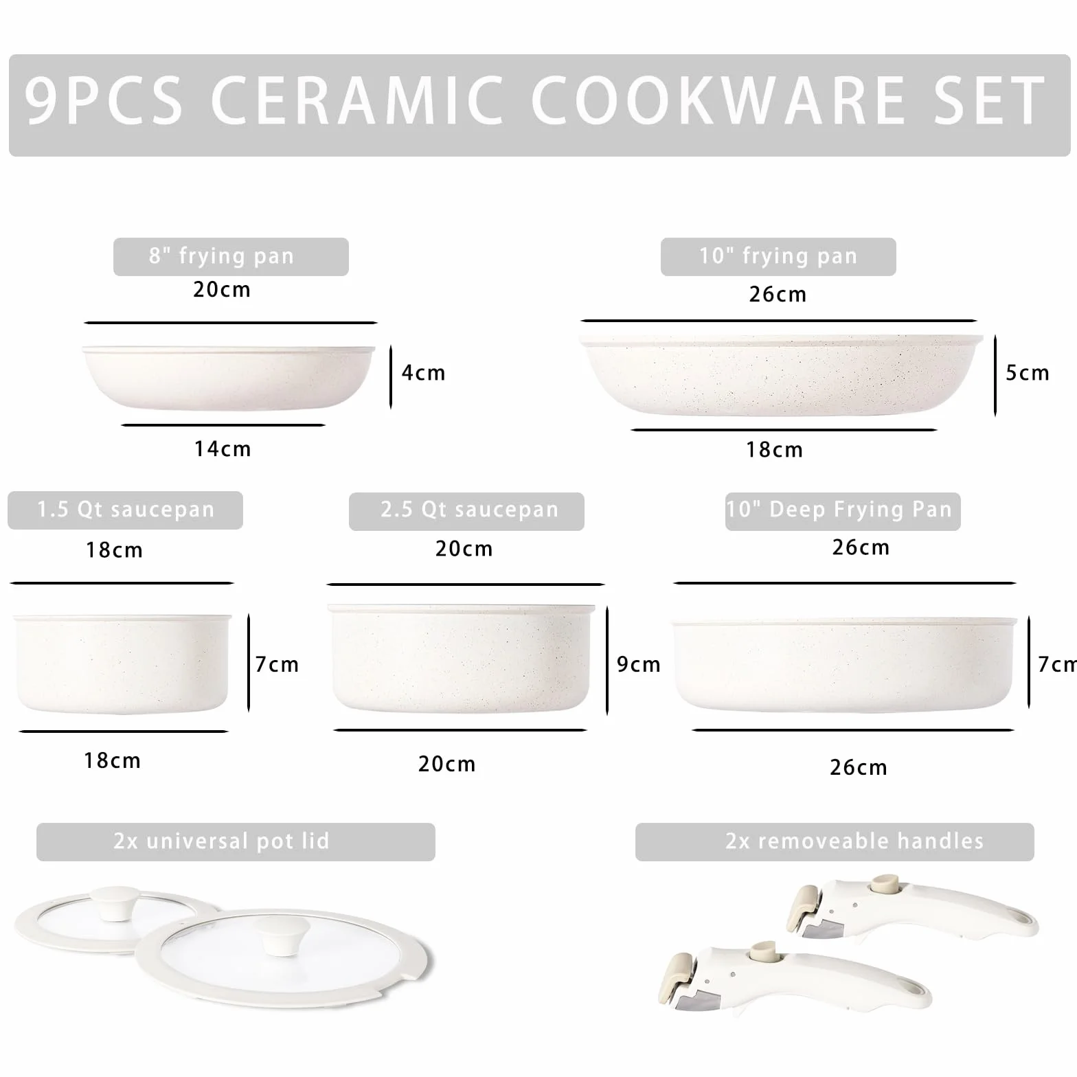 9 pentole e padelle in ceramica antiaderente, manico rimovibile，atossiche, adatte all'induzione e alla cottura in forno, senza PTFE e PFOS, bianco