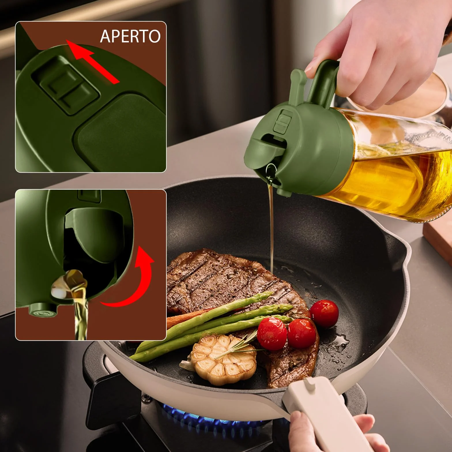 YARRAMATE, Spruzzatore per olio da 470 ml per cucinare con adesivi, dispenser di olio d'oliva 2 in 1 di qualità alimentare, per gadget da cucina, insalata, friggere, barbecue, verde oliva