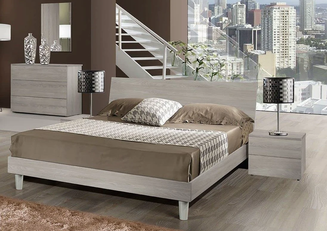My Brand Germanvox Camera da Letto Moderna Completa Olmo Perla con Armadio 6 ante battenti con specchi centrali, Letto matrimoniale, comò, comodini e specchio