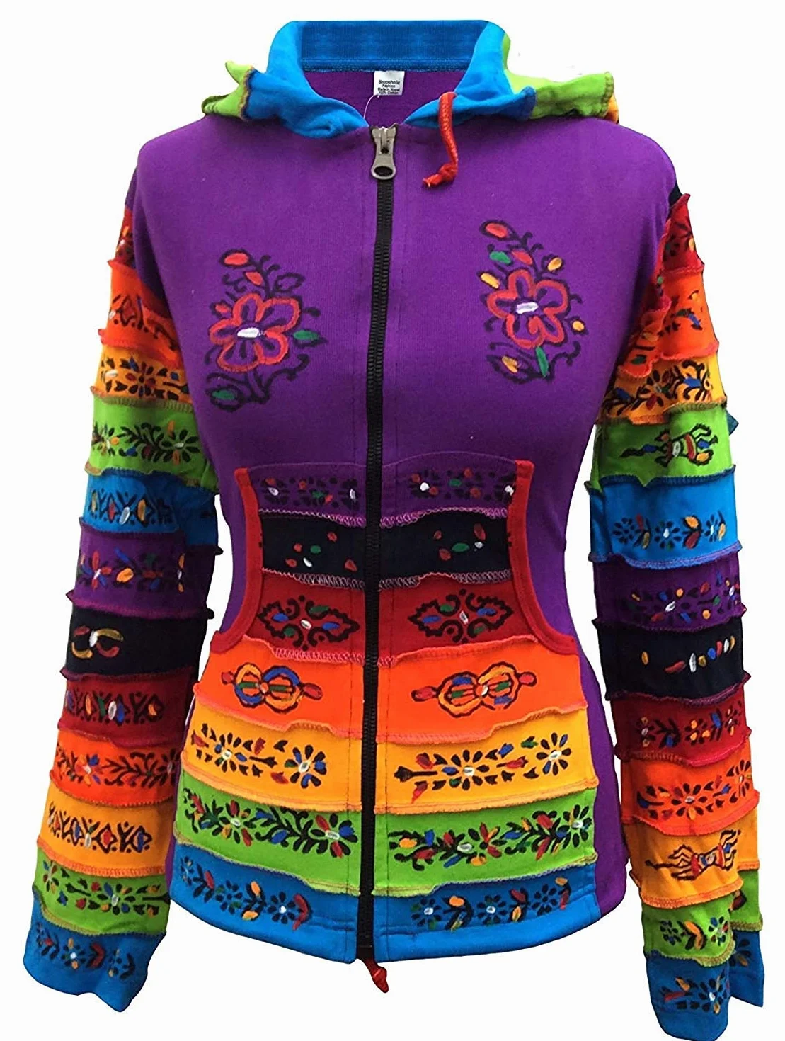 Shopoholic Fashion Giacca da Festival Hippie con Cappuccio e Toppa a Forma di Fiore con Maniche Arcobaleno da Donna