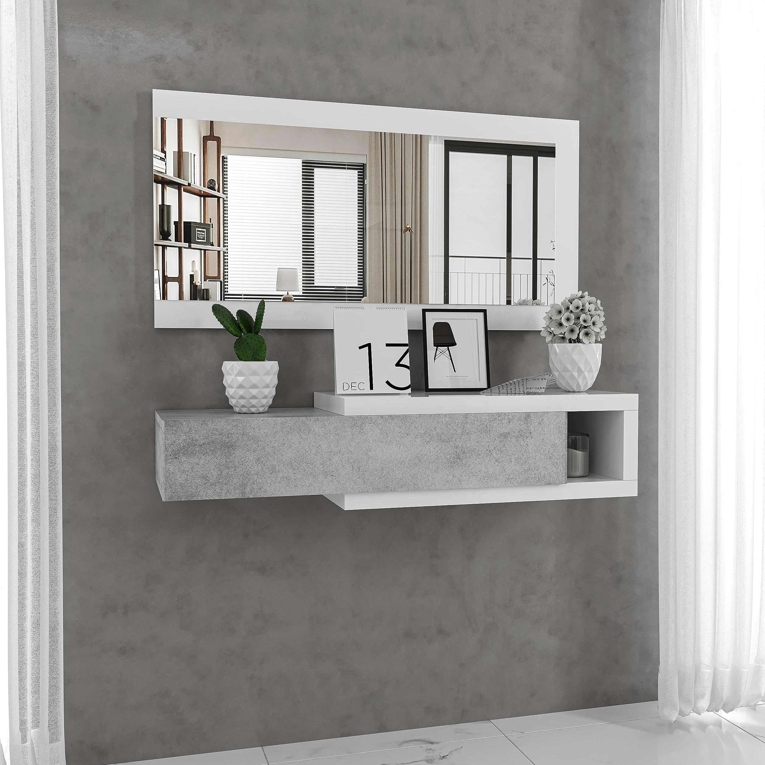 Bricozone Mobile da Ingresso con Cassetto Specchio e Mensola Sospeso per Casa Ufficio Bianco e Grigio Cemento 95 x 26 x 19 cm