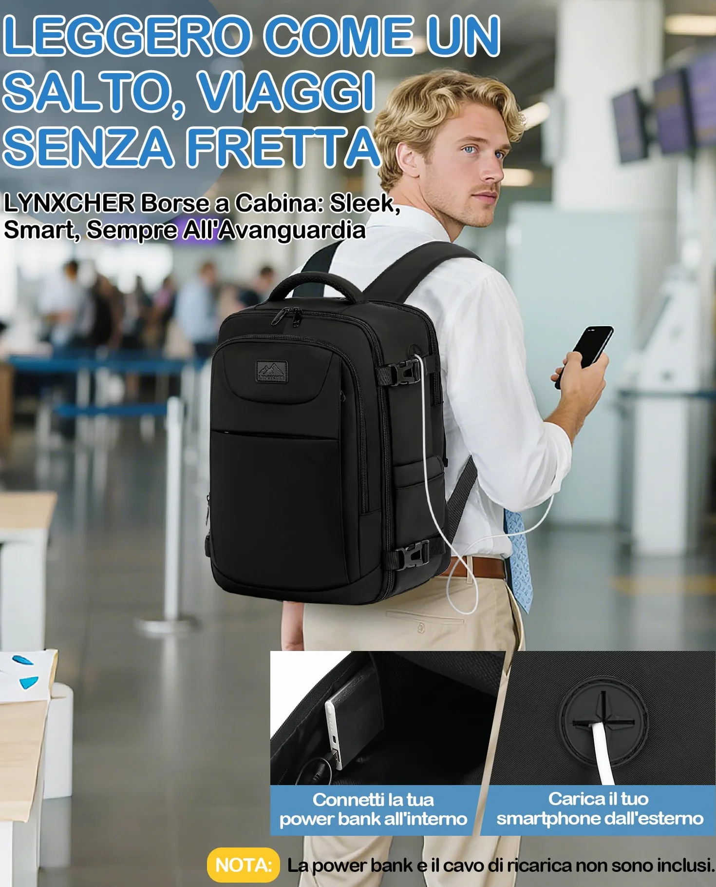 Zaino Ryanair 40x20x25 Bagaglio a Mano Aereo 20L per Viaggio Lavoro Trekking Nero