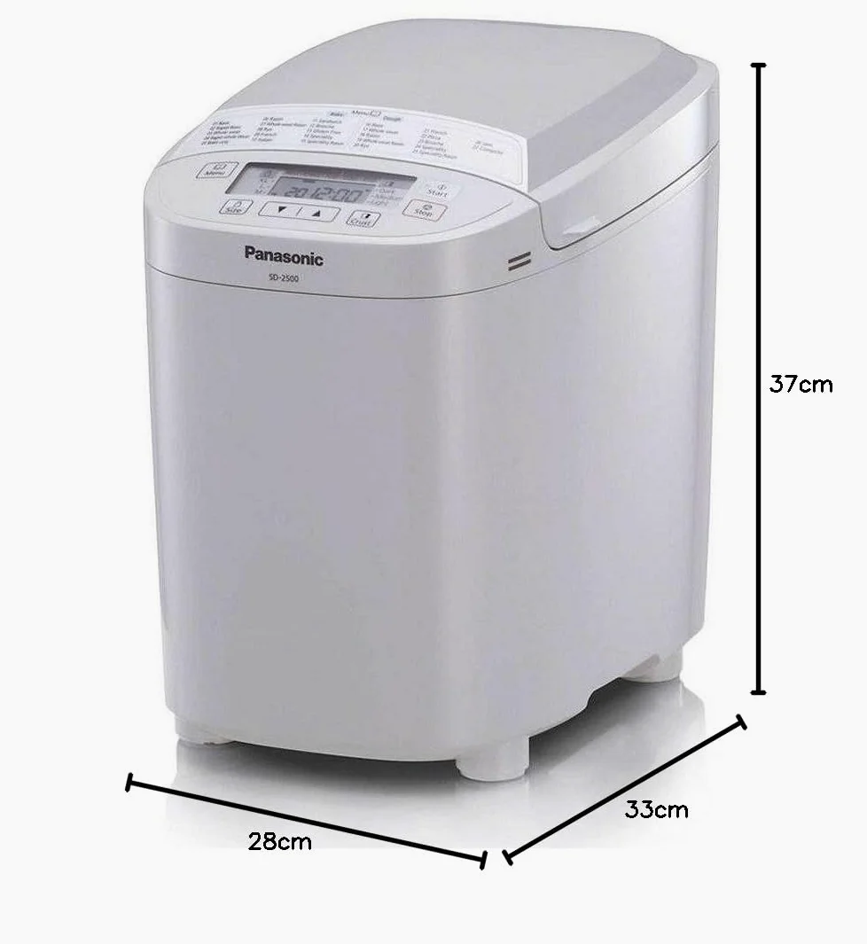 Panasonic SD-2500WXE Macchina per il Pane, 10 Impasti, modalità Senza Glutine, Marmellata e Composte, 3 Dimensioni di Pane, Design Compatto e Lineare, 150 W, 60 Decibel, Bianco