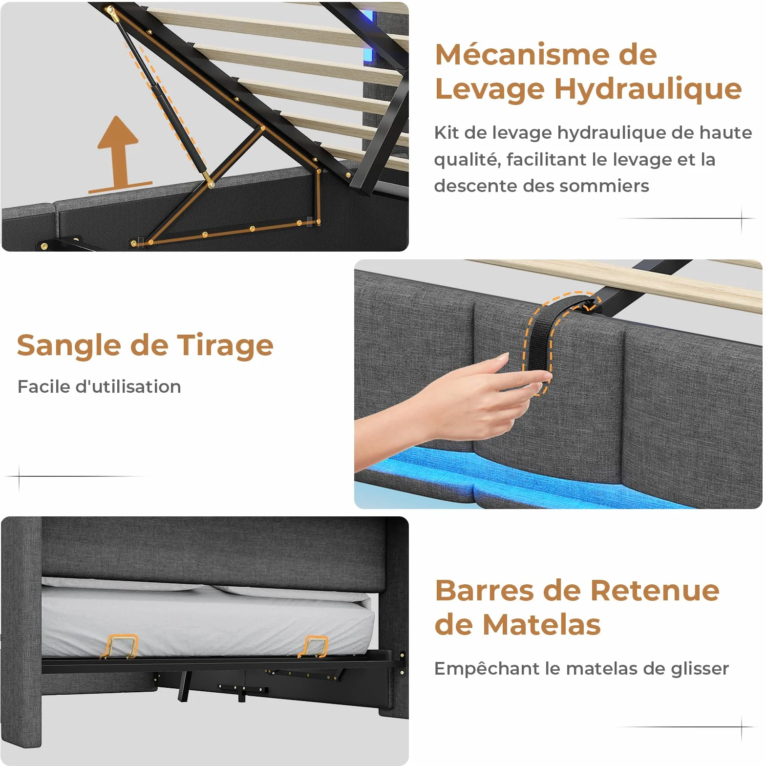AOGLLATI Letto 140x190 cm con Sollevamento Idraulico, Letto Contenitore Matrimoniale con Illuminazione a LED e Stazione di Ricarica, Struttura Letto Matrimoniale con Testiera Imbottita, Grigio Scuro