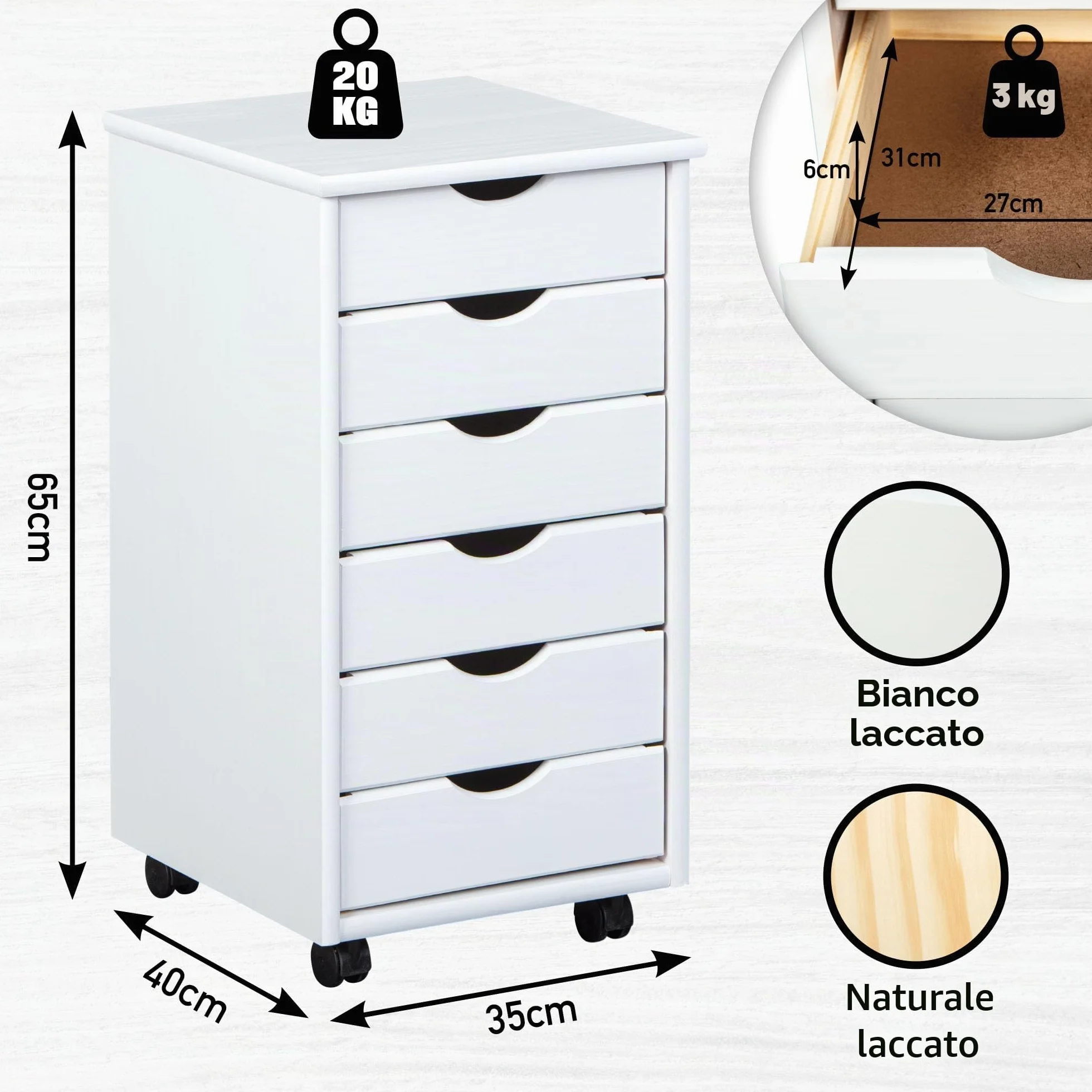 Piedistallo mobile con 6 cassetti Legno di pino massiccio Laccato bianco 35 x 40 x 65 cm Simon