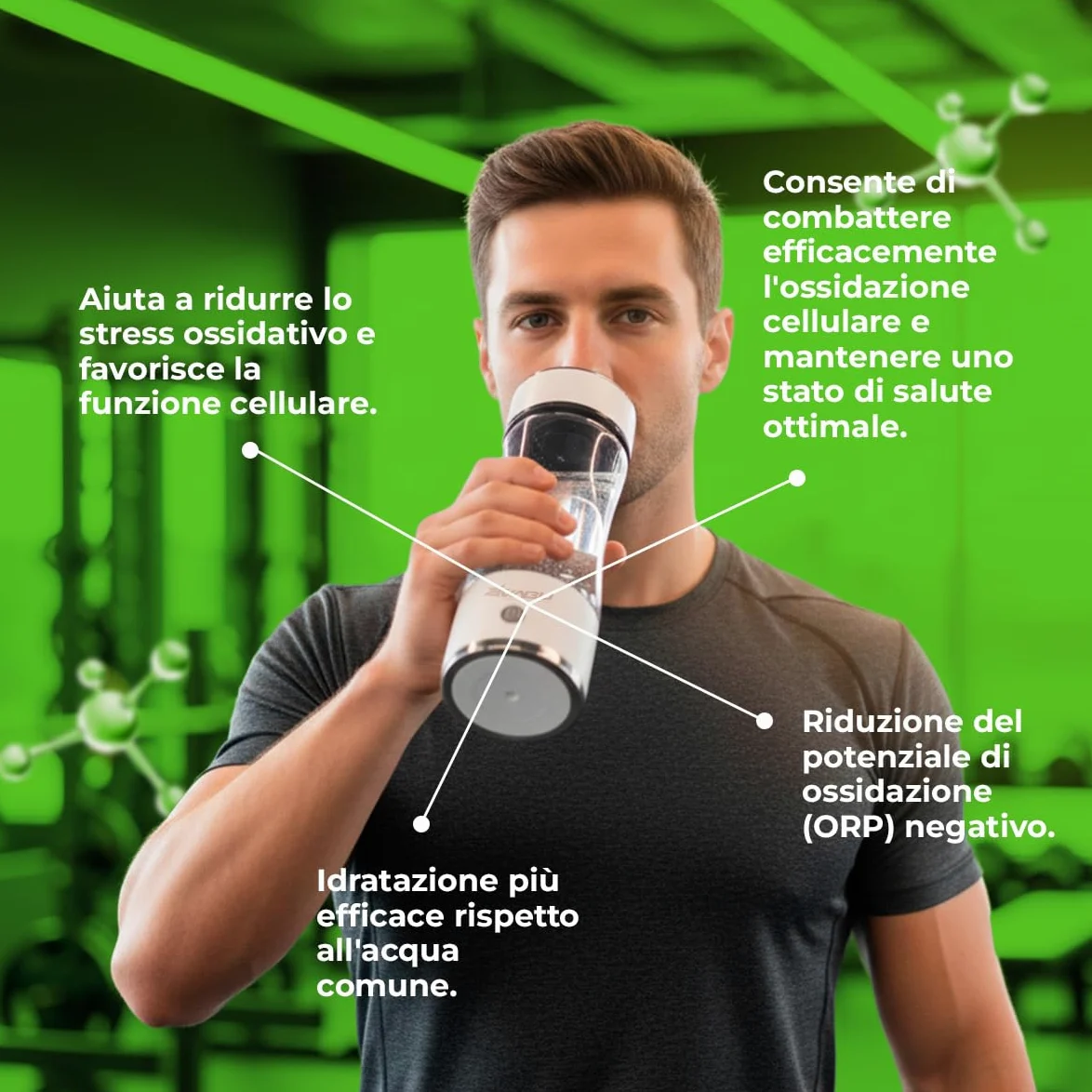 Molecular Curve – Borraccia Acqua Idrogenata Ricaricabile – 1300 PPB Idrogeno Molecolare – Ionizzatore Acqua con Tecnologia SPE e PEM – 450 ml