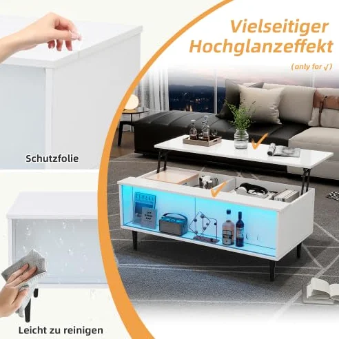 Merax Tavolino da salotto regolabile in altezza con LED, tavolo da soggiorno e tavolino da caffè bianco, moderno mobili da soggiorno