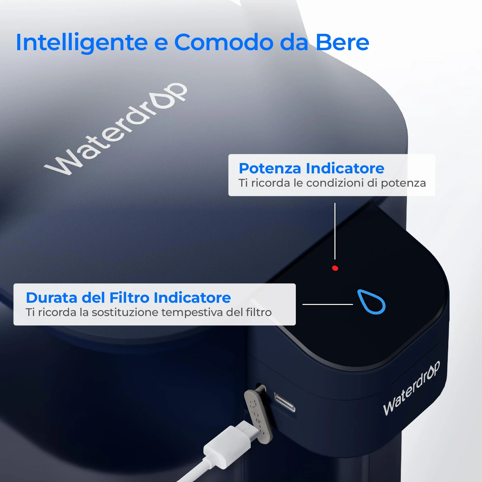 Waterdrop Caraffa filtrante elettrica istantanea 3,5 l riduce cloro piombo mercurio PFAS PFOA PFOS 757 litri blu
