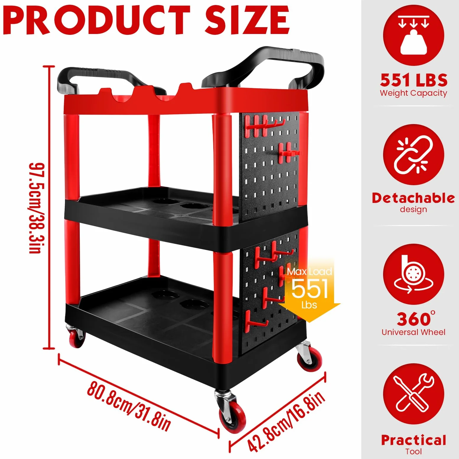 Carrello per dettagli auto con ruote, carrello per dettagli auto a 3 livelli con assi e ganci appesi, organizer per autolavaggio per garage, officina, casa fai da te