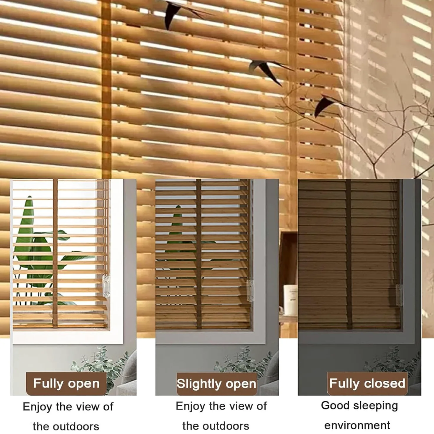 Veneziane in Legno, Tende Orizzontali, Tende in Legno a Doghe Larghe 333 mm, Veneziana Senza Foratura, Veneziane per Interni, per Camera da Letto/Soggiorno/Ufficio/Balcone, Personalizzabile