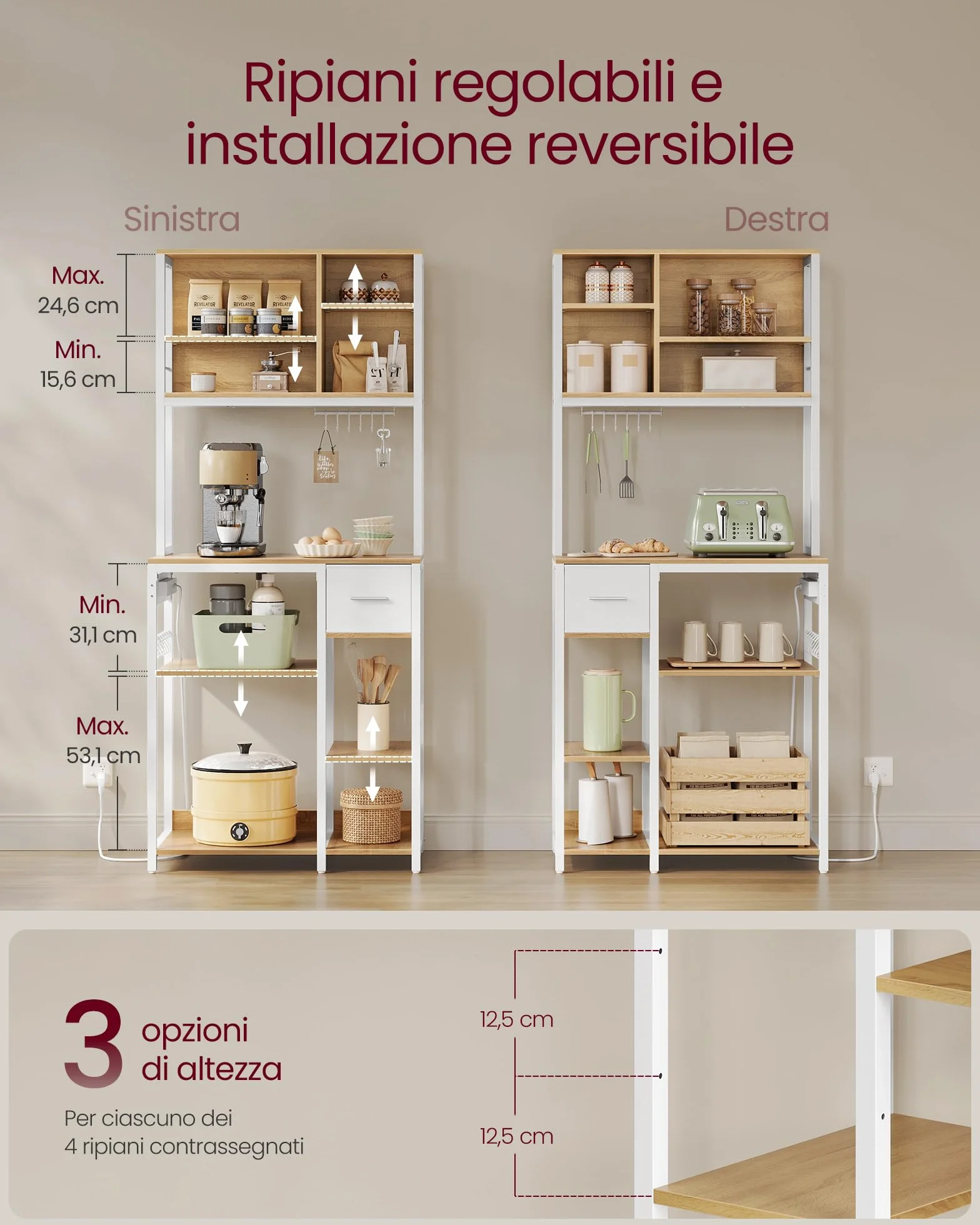VASAGLE Scaffale Cucina con Multipresa, Mobile Cucina 40x80x180,4 cm, Ripiani Regolabili, Rovere Dorato e Bianco Nuvola