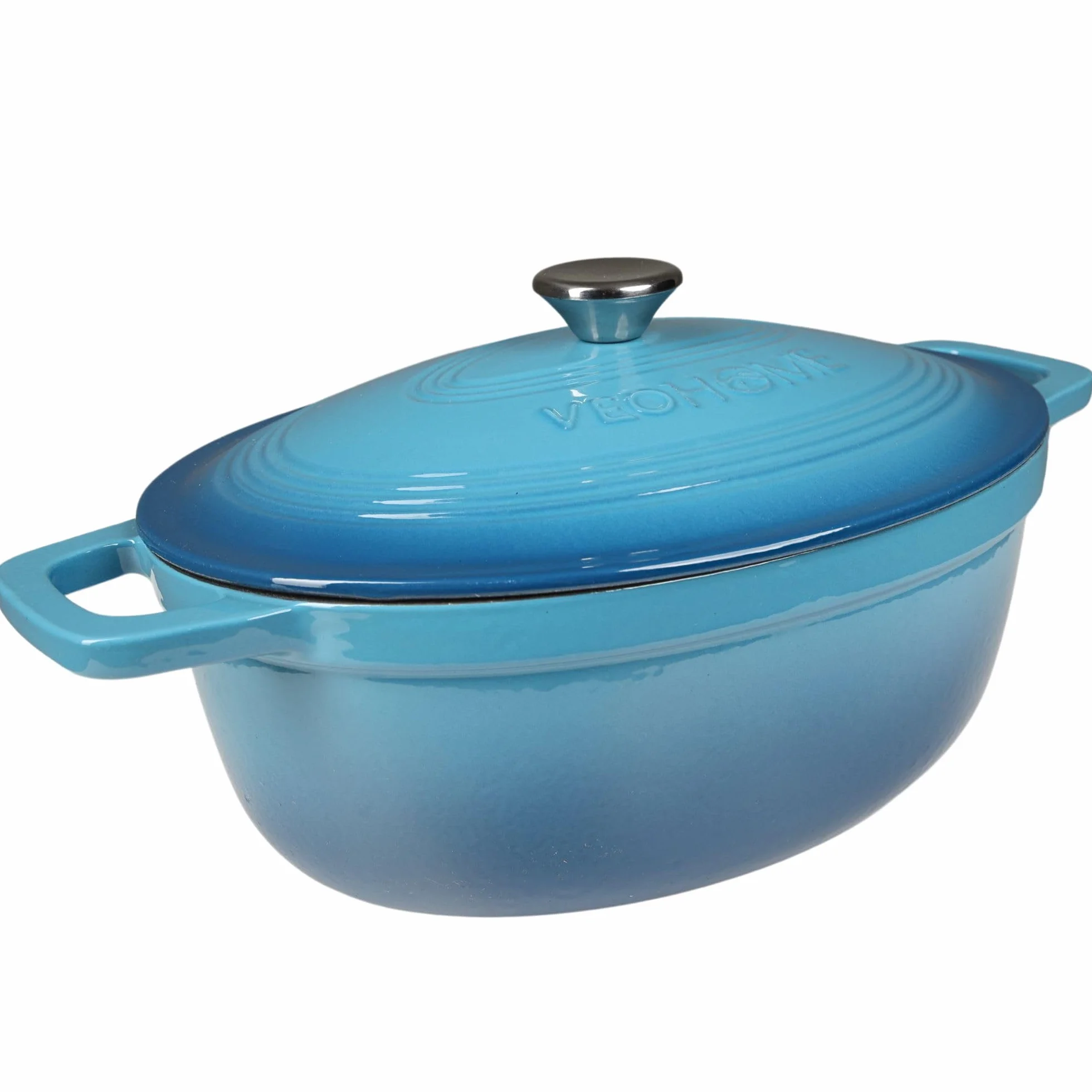 Casseruola in ghisa smaltata VeoHome Blu 6L Ovale, Robusta, Compatibile con Induzione / Gas / Forno, Cottura Omologa, Sapori Autentici, Coperchio in Rilievo