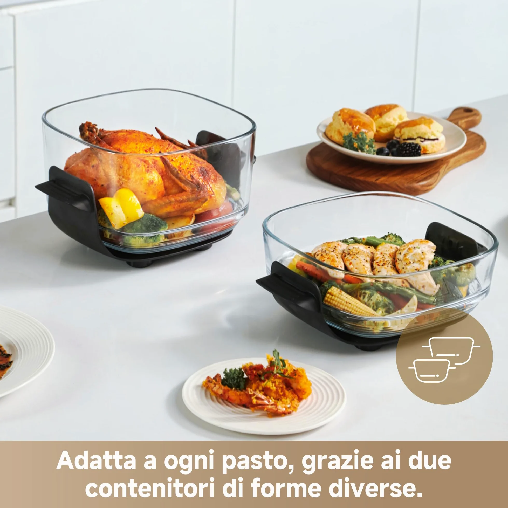 DREAME Tasti 5 in 1 Friggitrice ad aria in vetro portatile, Doppio contenitore (2,5 L + 4,5 L), Vetro borosilicato 6 mm, Circolaz. aria 3D, Lavabile in lavastoviglie, Panoramica 360°, Design modulare